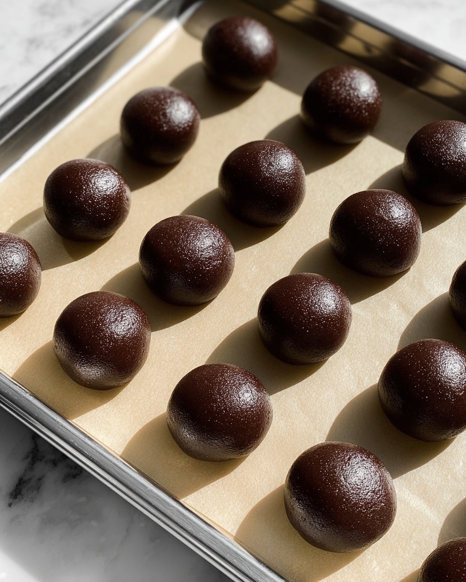 The image shows a metal tray lined with light-colored parchment paper holding 18 small, round dough balls. Each dough ball is smooth, shiny, and dark brown in color, evenly spaced across the tray in neat rows. The tray rests on a white marbled surface that reflects some natural light, creating soft shadows next to each dough ball. The overall look is clean and orderly, with the rich, deep brown dough contrasting against the light parchment and white marbled background. photo taken with an iphone --ar 4:5 --v 7