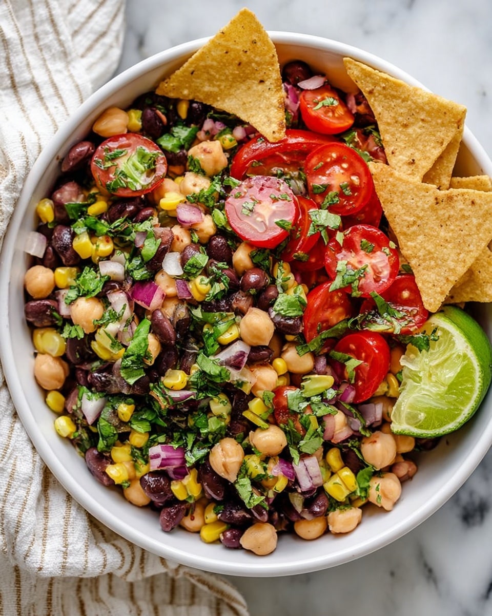 A white bowl filled with a colorful bean salad sits on a white marbled surface, with a white and beige striped cloth nearby. The salad has three main visible layers: a base mix of black beans, chickpeas, and small yellow corn kernels, topped with halved bright red cherry tomatoes and diced pale red onions. Fresh, chopped green herbs sprinkled on top add a lively touch, along with a couple of triangular light brown tortilla chips placed upright near the edge of the bowl. A bright green lime wedge is tucked into one side of the bowl, adding a pop of color. The textures range from smooth beans and juicy tomatoes to crunchy corn and herbs. Photo taken with an iphone --ar 4:5 --v 7