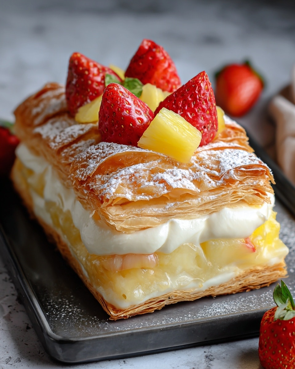 A rectangular layered pastry dessert sits on a dark tray over a white marbled texture. The bottom layer is a golden, flaky pastry with visible air pockets, topped by a thick, smooth, creamy white filling. On top of this creamy layer is a light golden-brown puff pastry with a beautifully crisp, glossy texture and a pattern of overlapping folds. The dessert is garnished with red strawberries that have their green leaves intact and chunks of bright yellow pineapple placed on top. A light dusting of powdered sugar adds a delicate touch, enhancing the texture and color contrast of the fruit and pastry. Photo taken with an iphone --ar 4:5 --v 7