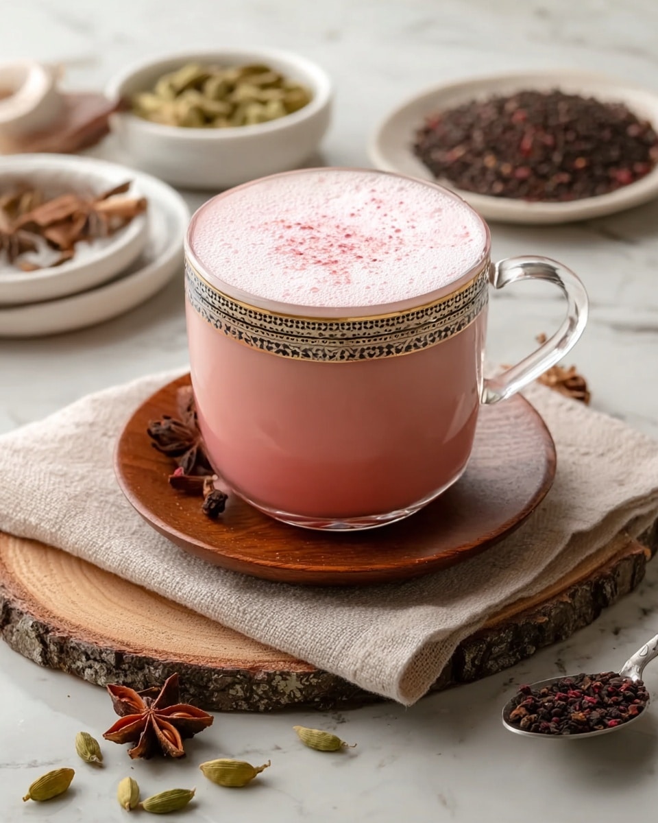 A clear glass cup with a white handle and a gold and black patterned rim holds a frothy, pink beverage filling the cup close to the top. The cup sits on a small, round wooden plate, which is placed on a larger round wooden slab with a textured bark edge, all set atop a light beige cloth on a white marbled surface. Around the cup, there are star anise and green cardamom pods scattered, with a white bowl filled with dark brown granules on the right and a plate with a spoon and various spices blurred in the background. photo taken with an iphone --ar 4:5 --v 7