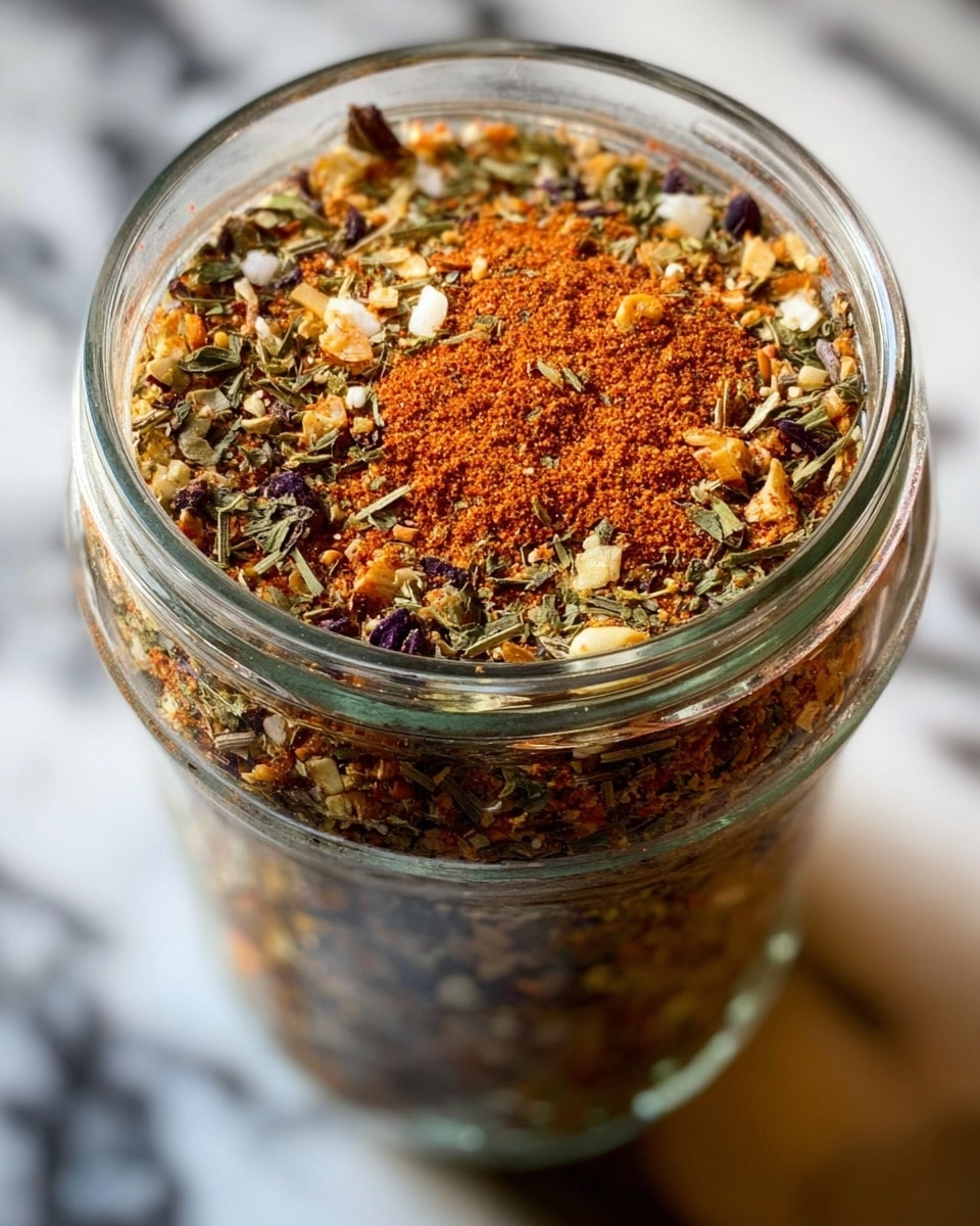 A close-up image of a small glass jar filled to the top with a colorful mix of dried spices and herbs, featuring a textured layer of orange-red powdered spice at the top, mixed with green leafy bits, white garlic flakes, and small purple and black seeds spread evenly throughout. The jar sits on a white marbled surface, showing bright natural light reflections on the glass rim and sides, emphasizing the varied colors and textures of the spices. photo taken with an iphone --ar 4:5 --v 7