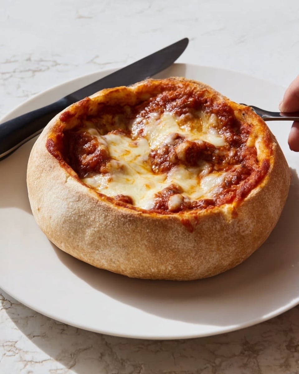 A round bread bowl with a thick, light beige crust forms the base and sides, filled with a rich, chunky tomato sauce in deep red and brown hues. The sauce is topped with melted, golden-yellow and white cheese that spreads unevenly over the surface, creating a bubbly and slightly browned texture. The bread bowl sits on a large white plate, with a knife resting on the left side of the plate and a woman's hand holding a black tong visible on the right edge. The whole scene is set on a white marbled surface. photo taken with an iphone --ar 4:5 --v 7
