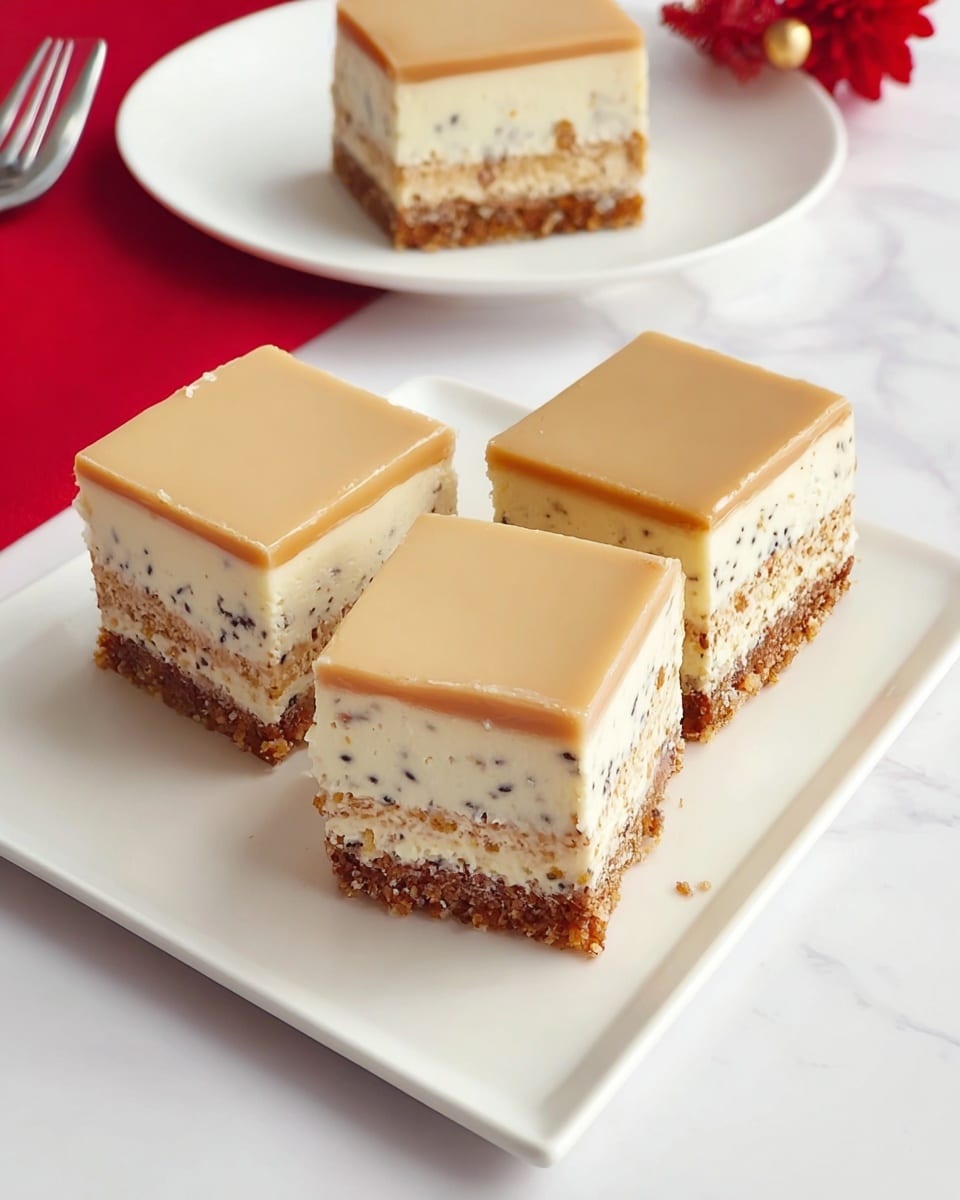 Three square pieces of a layered dessert are shown on a white rectangular plate placed on a white marbled surface. Each piece has three layers: a bottom crumbly brown layer, a thick middle creamy white layer with visible small black specks and bits of what looks like nuts or cake, and a smooth, shiny light tan top layer. One piece is slightly separated from the others, revealing the even layers and texture inside. In the background, a single piece of the same dessert sits on a white round plate, next to a red decorative item and a silver fork. Photo taken with an iphone --ar 4:5 --v 7
