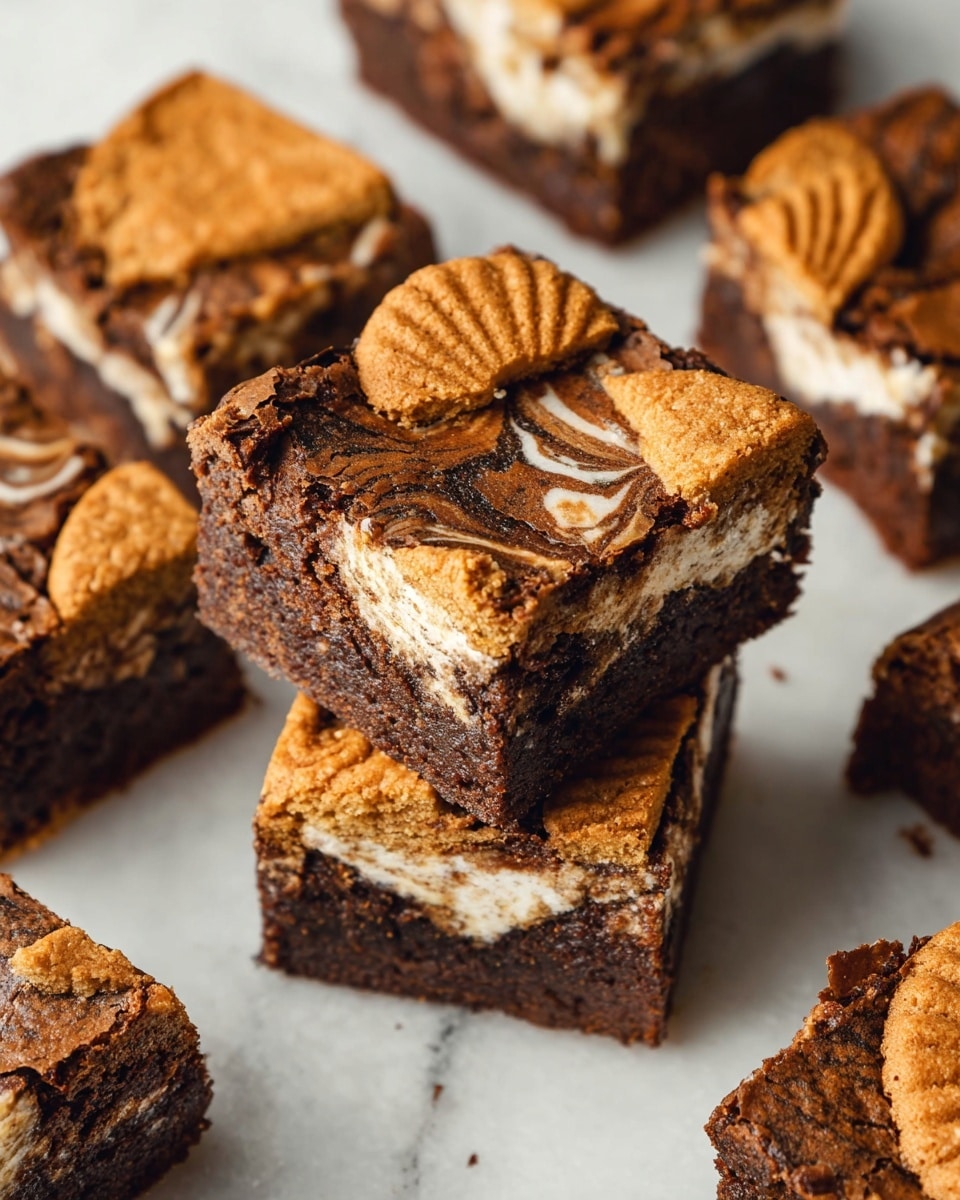 The image shows a close-up of several square pieces of layered brownies with a golden cookie on top, each brownie piece having a cracked, slightly shiny dark brown layer and a visible creamy white filling beneath the cookie layer. The cookies have a sun and face design pressed into their light brown surface, partially embedded in the top of the brownies. Nearby, there is a white bowl filled with smooth, creamy peanut butter, with a silver spoon resting inside, coated in the peanut butter. The background is a white marbled texture with some cookie crumbs scattered around. Photo taken with an iphone --ar 4:5 --v 7