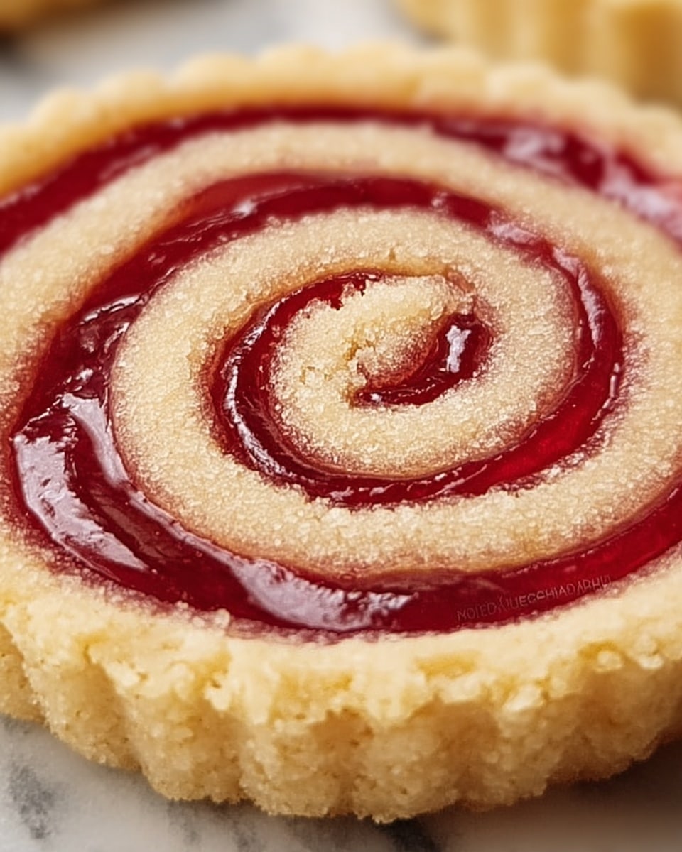 The image shows close-up round cookies with a spiral design on top, each cookie has two visible layers: a pale golden base cookie with a soft crumbly texture, and a glossy dark red jam swirled evenly in a spiral pattern from the center outward. The cookies sit closely together on a white plate placed on a white marbled surface. The focus is sharp on the front cookie, showing fine details like tiny cracks and sugar granules near the edges. Photo taken with an iphone --ar 4:5 --v 7