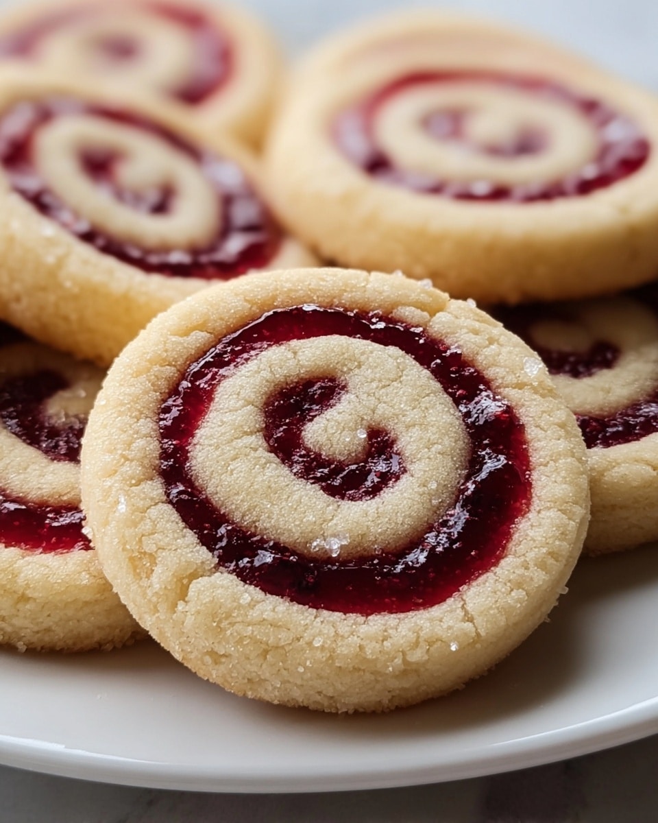 A close-up view of a single tart featuring two main layers arranged in a spiral pattern. The outer crust is pale golden brown with a slightly crumbly texture and a soft, uneven edge that forms a circular border around the tart. Inside, the filling alternates between a deep, glossy red jelly layer and a light beige creamy layer, both smoothly spread in concentric spirals that tighten towards the center. The jelly has a shiny, slightly wet surface, and the creamy layer appears soft and velvety. The tart rests on a white marbled surface. photo taken with an iphone --ar 4:5 --v 7