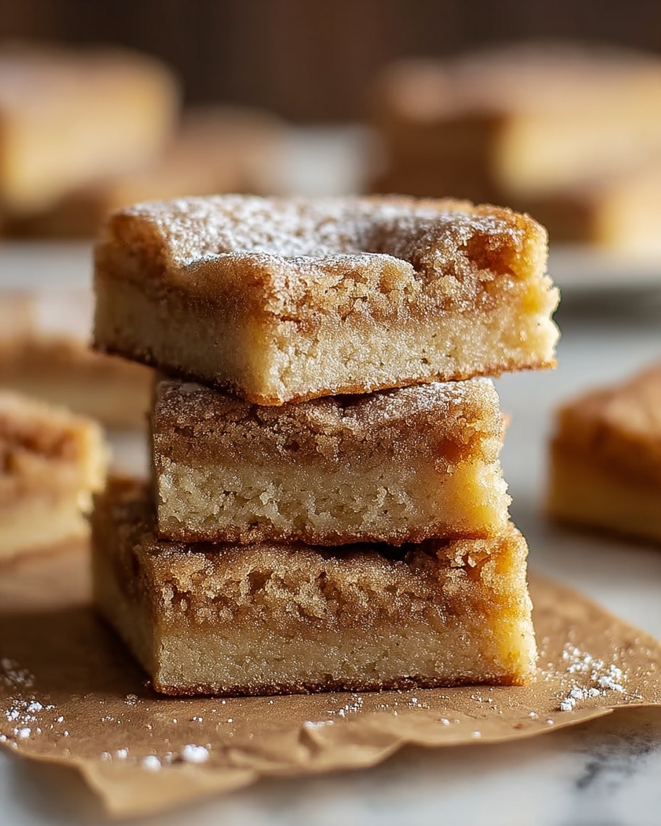 The image shows a close-up of four stacked blondie squares. Each blondie has two visible layers: a soft and moist light golden base with a slightly darker golden-brown top that is slightly cracked and textured. The top layer is sprinkled with a thin dusting of white powdered sugar. The blondies are resting on brown parchment paper over a white marbled surface. In the background, blurred blondies are visible. The overall look is warm and inviting, with a focus on the texture of the baked blondies. photo taken with an iphone --ar 4:5 --v 7