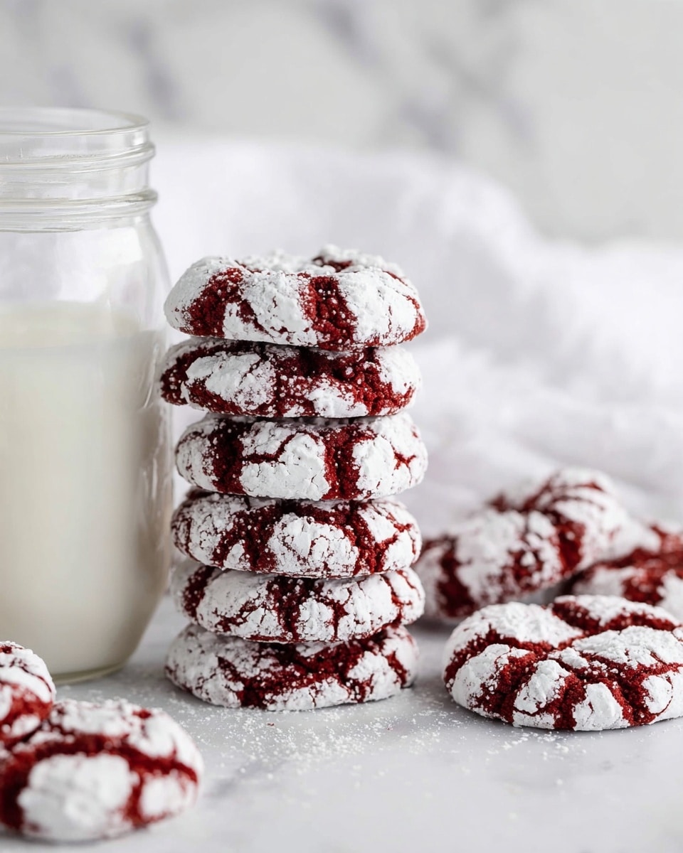 A stack of five round red velvet crinkle cookies covered in white powdered sugar, showing a cracked pattern that reveals the deep red cookie underneath. The cookies are leaning slightly to the side on a white marbled surface. Around them, more red velvet crinkle cookies lie flat, each with the same cracked powdered sugar coating. To the left, there is a clear glass jar filled halfway with milk. The background is a soft white fabric and a white marbled texture, giving a clean and bright setting. photo taken with an iphone --ar 4:5 --v 7