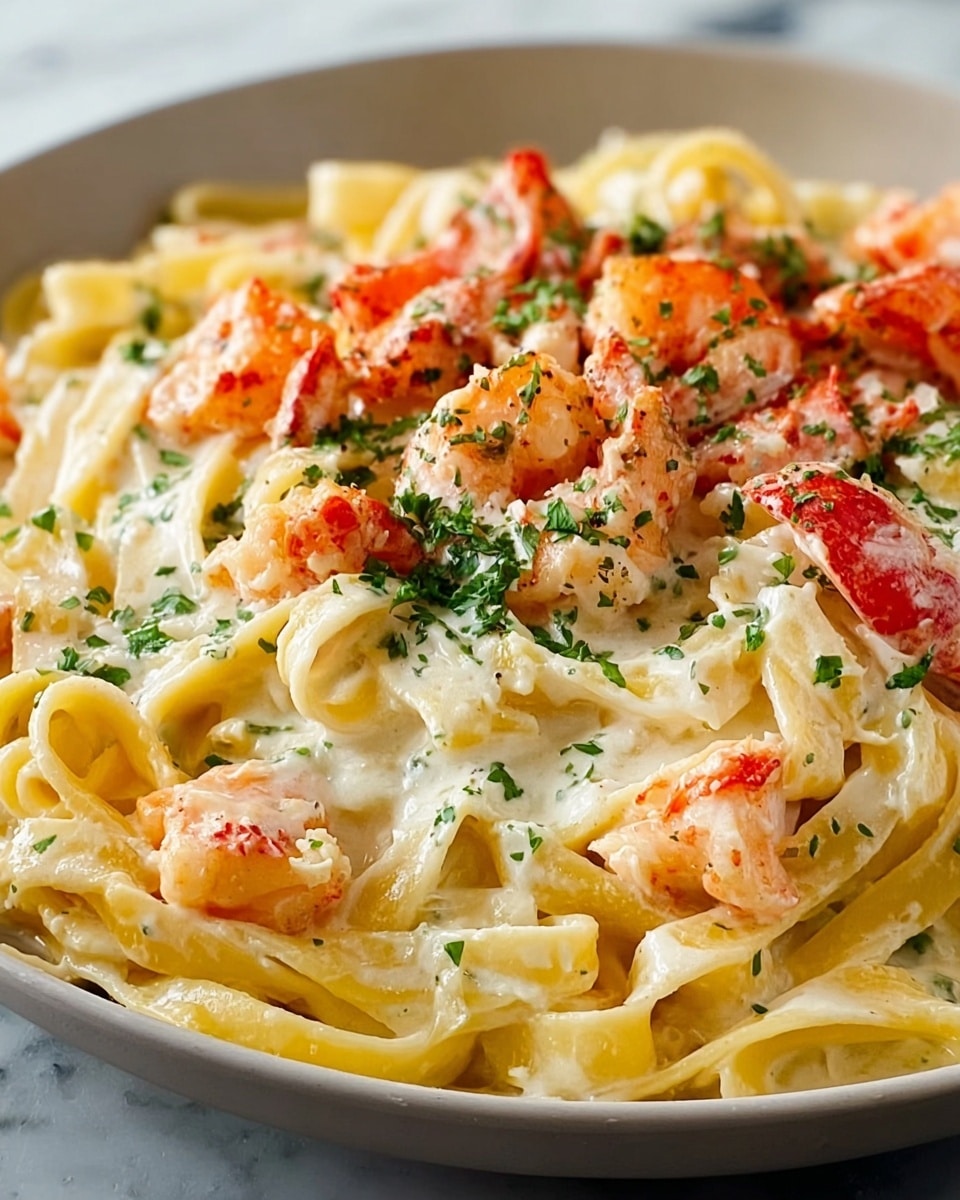 A close-up view of creamy fettuccine pasta coated in a smooth, rich white sauce, with thick layers of tender, bright orange lobster chunks scattered evenly on top. The pasta strands are intertwined softly, with black pepper and fresh chopped green herbs sprinkled over everything, adding texture and color contrast. The dish is served in a white bowl placed on a white marbled surface, highlighting the vibrant colors and creamy textures of the pasta and lobster. photo taken with an iphone --ar 4:5 --v 7