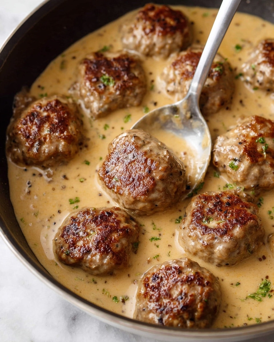 The image shows a close-up of a pan filled with several browned meatballs cooking in a light brown creamy sauce. Each meatball is golden on top with a slightly crispy texture and small green and black seasoning specks visible throughout. The sauce is thick and smooth, covering the base of the pan and partially surrounding the meatballs. A metal spoon is partially submerged on the right side, dipping into the sauce and pushing some meatballs aside. The scene is set against a white marbled textured background. photo taken with an iphone --ar 4:5 --v 7