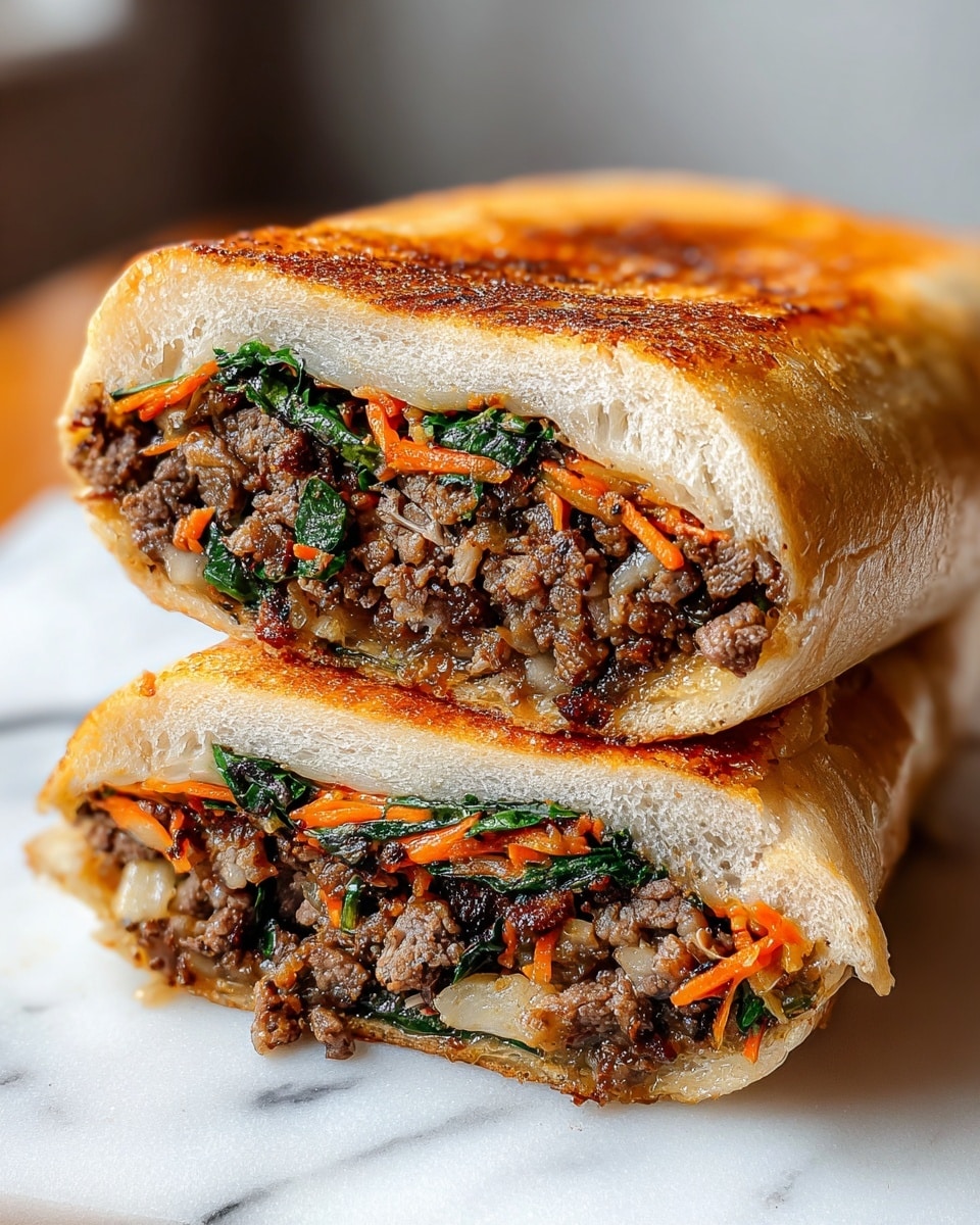 The image shows a sandwich cut in half and stacked, placed on a white marbled surface. The sandwich has a golden brown toasted bread exterior that is soft yet slightly crispy. Inside, there are two main layers: a dark brown cooked beef layer with textures showing small chunks and fibers, and a mixed vegetable layer with bright bits of green spinach and orange shredded carrots. The filling looks moist and savory, contrasting with the light fluffy bread. The two halves reveal the filling clearly, showing the thickness and texture of the meat and vegetables. photo taken with an iphone --ar 4:5 --v 7