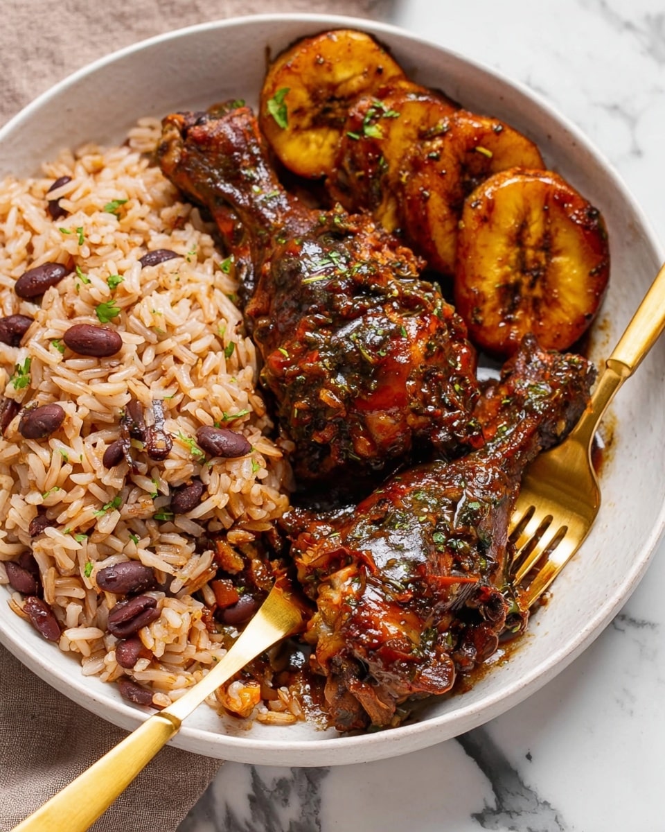 The image shows a white bowl filled with three main layers of food. On the left side, there is a mound of light brown rice mixed with dark red beans and small green pieces, likely herbs. Next to it, on the top and center part of the bowl, there are two dark brown, grilled chicken drumsticks covered in a rich, glossy sauce with visible herbs and spices. To the right and near the bottom are several slices of fried plantain, caramelized with a golden-brown color. A gold fork and knife rest on the right edge of the bowl, partly touching the chicken. The bowl sits on a white marbled surface. photo taken with an iphone --ar 4:5 --v 7