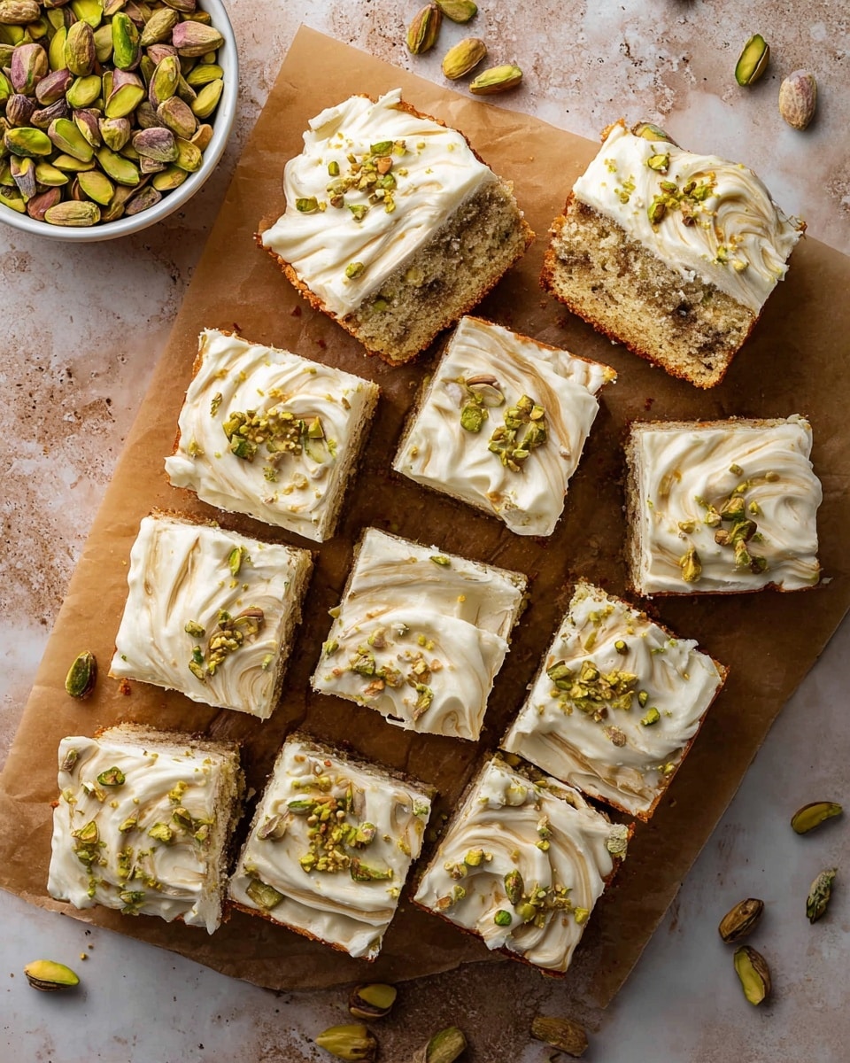 A square cake cut into 15 even pieces is shown on a piece of parchment paper over a white marbled surface. Each piece has two layers: a light brown, soft cake base with a slightly crumbly texture filled with visible bits inside, topped by a thick layer of creamy white frosting swirled with light brown streaks and sprinkled with tiny chopped pistachio bits. Some pieces are turned to show the inside texture of the cake. To the top left, a white bowl filled with green and light brown whole pistachios sits partially in the frame, with some pistachios scattered around the cake. Photo taken with an iphone --ar 4:5 --v 7