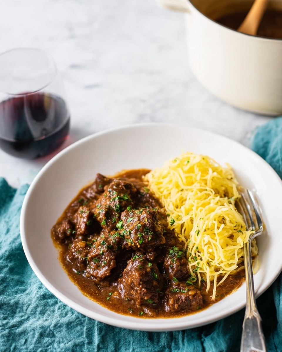 A white plate sits on a teal cloth over a white marbled surface, holding a serving of brown beef stew with visible chunks of meat covered in thick sauce sprinkled with green herbs, positioned on the left half of the plate. On the right half, there is a small pile of yellow spaghetti noodles with a silver fork and spoon resting on the edge of the plate beside them. In the soft background, a clear glass filled with dark red wine and a white pot with a wooden spoon inside can be seen. photo taken with an iphone --ar 4:5 --v 7