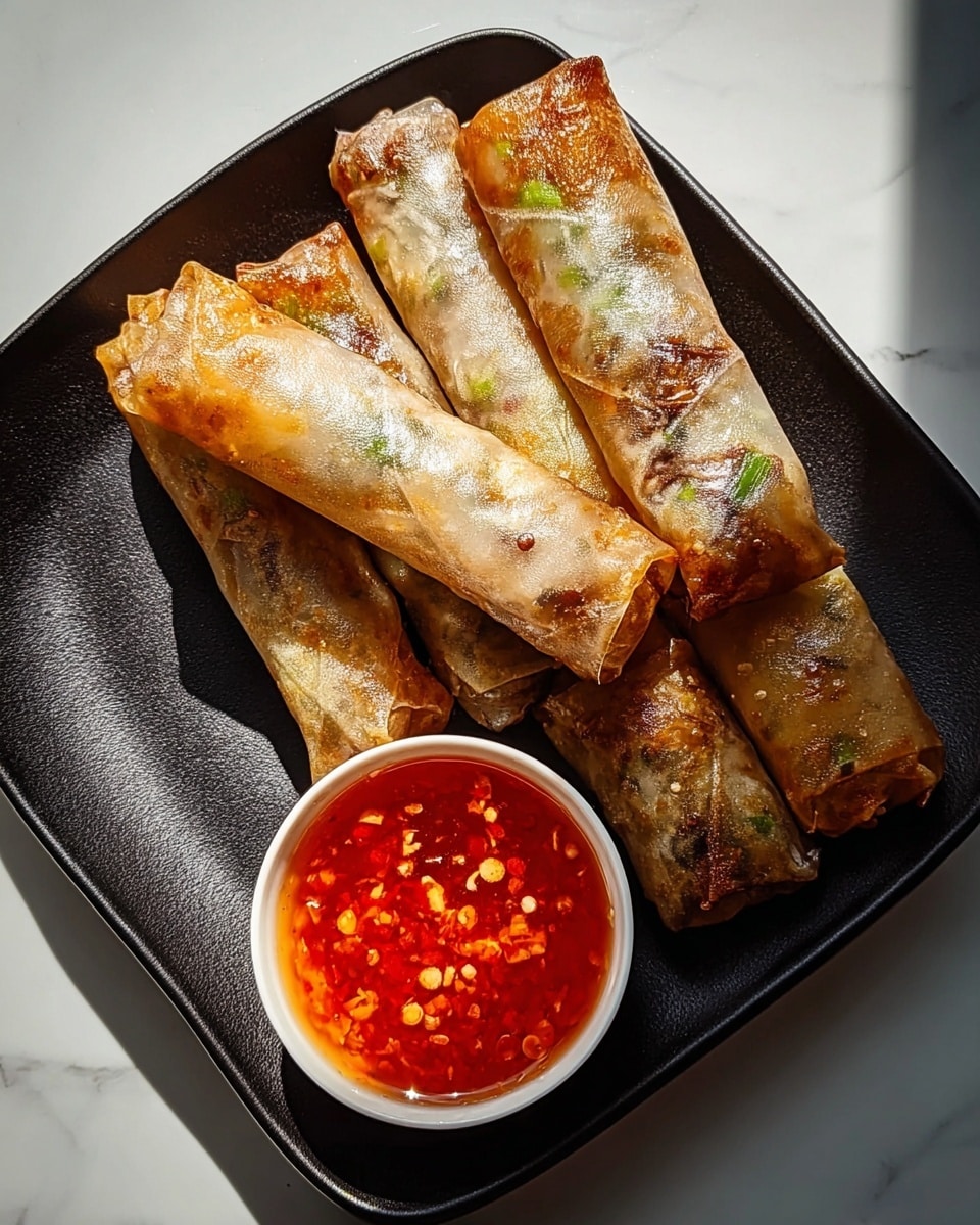 Four crispy golden brown spring rolls with a translucent, slightly shiny wrapper showing hints of green and brown filling inside are arranged on a square black plate. Next to the spring rolls is a small white bowl filled with bright red chili dipping sauce containing crushed chili flakes. The plate is on a white marbled surface with natural light casting soft shadows. photo taken with an iphone --ar 4:5 --v 7