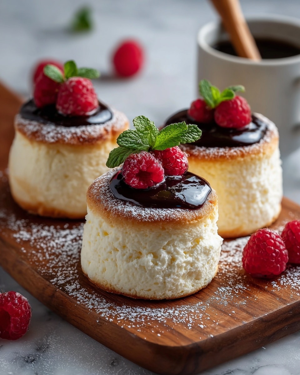 Three tall, soft, fluffy cheesecakes with a light golden-brown top layer and a white, airy base are placed on a wooden board. Each cheesecake is topped with a shiny, dark chocolate dollop, a bright red raspberry, and a small fresh green mint leaf. The cheesecakes are lightly dusted with powdered sugar, which also decorates the wooden board around them, alongside a few scattered raspberries. A cup with a wooden stirring stick is blurred in the background, all set on a white marbled texture. Photo taken with an iphone --ar 4:5 --v 7