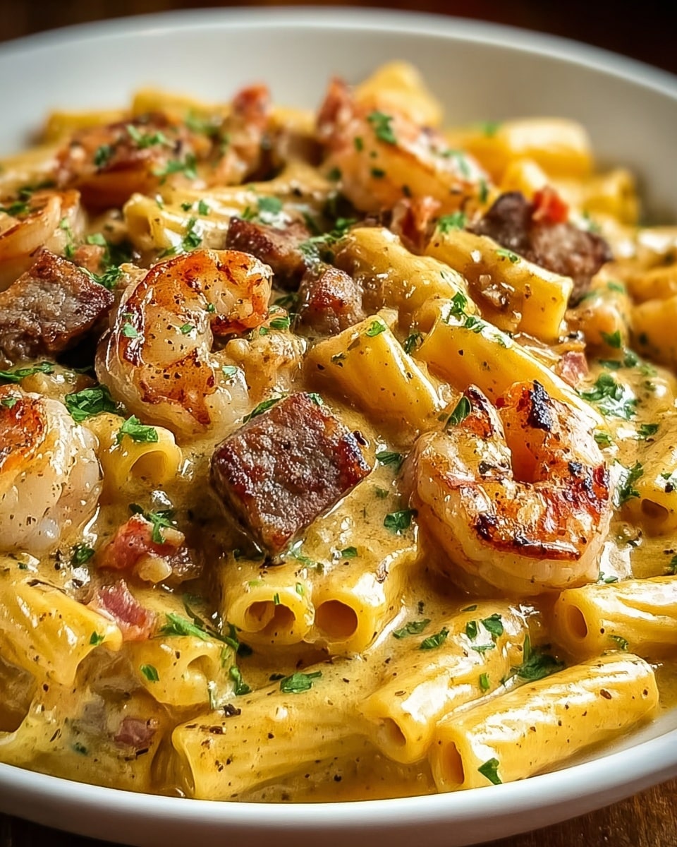 A white bowl filled with creamy yellow pasta coated in a thick sauce, scattered with grilled shrimp that are light brown with a slight char, and small browned meat cubes. The pasta is penne, showing smooth tubular shapes partially coated in sauce, with finely chopped green herbs sprinkled on top for a fresh touch. The dish has a rich and glossy texture with visible pepper specks throughout. photo taken with an iphone --ar 4:5 --v 7