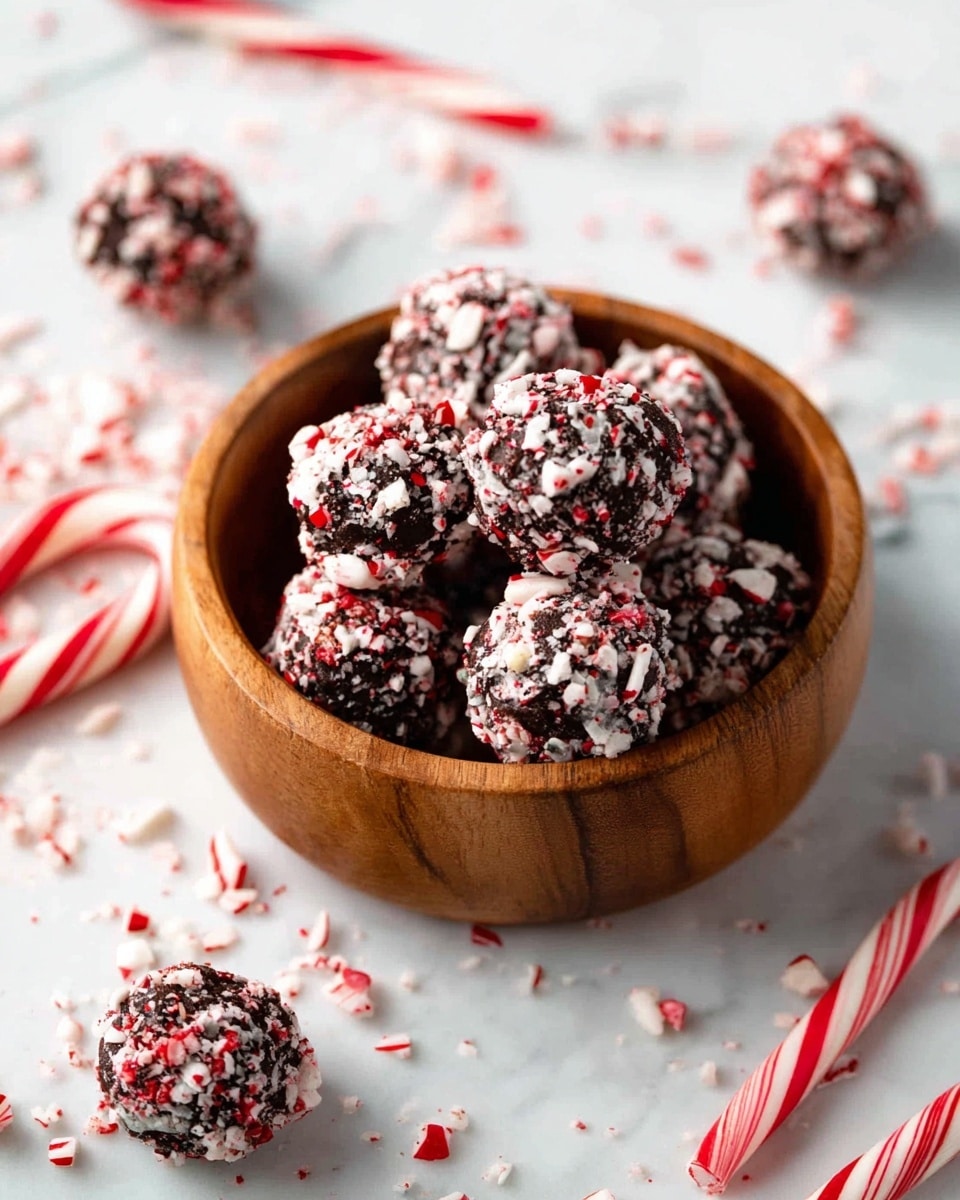 A wooden bowl filled with dark chocolate truffle balls coated in white and red crushed peppermint candy. The truffles are round and textured, with the candy coating unevenly spread over their surface. Around the bowl on a white marbled surface, there are crushed peppermint pieces scattered and a few more truffle balls placed at different angles. Several whole red and white striped candy canes also lie casually on the surface, adding to the festive look. The image has a bright, clean feel with sharp focus on the bowl's contents and soft background details. Photo taken with an iphone --ar 4:5 --v 7