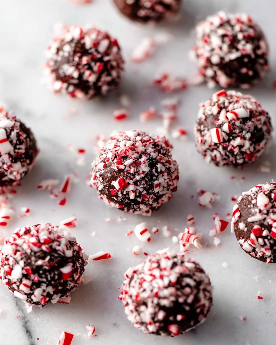 The image shows nine round chocolate balls covered in small crushed candy cane pieces. Each ball has a dark brown chocolate base layer, fully coated with a rough texture of white and red crushed candy cane bits. The balls are arranged in a scattered pattern on a white marbled surface, with some pieces of crushed candy cane scattered around them. The candy pieces are uneven in size, creating a crunchy outer layer on the smooth chocolate balls. photo taken with an iphone --ar 4:5 --v 7