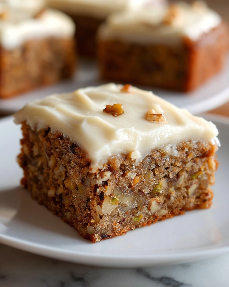 A close-up view of a single square piece of cake on a white plate, showing two layers: the bottom layer is a moist, brown cake filled with chopped nuts and small fruit bits, giving it a textured and grainy look; the top layer is a thick, smooth, creamy white frosting spread evenly but with soft peaks and slight ripples, with a few small nut pieces embedded in it; the background shows a blurred portion of a similar cake slice on a white plate, all set on a white marbled surface. photo taken with an iphone --ar 4:5 --v 7