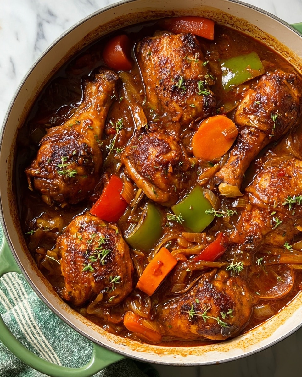 A close-up view of a large white pot filled with a rich brown stew, containing five browned chicken drumsticks and thick slices of orange carrots, along with chunks of green and red bell peppers, all cooked in a thick, glossy sauce with visible bits of onions and herbs scattered on top. The stew has a hearty texture with slight oil sheen, and the edges of the pot show sauce splatters, emphasizing a freshly cooked feel. The pot sits on a white marbled surface with a green and white striped cloth partially visible under it. Photo taken with an iphone --ar 4:5 --v 7