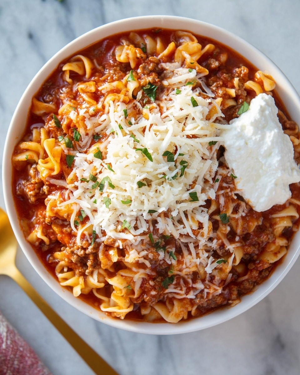A white bowl filled with a rich tomato-based sauce and soft, curly pasta pieces mixed with ground meat, garnished with small green herb bits and shredded white cheese on top; a golden spoon holds a scoop of the pasta, showing detailed texture of the sauce and cheese, with a dollop of white creamy topping visible in the background, all placed on a white marbled surface. Photo taken with an iphone --ar 4:5 --v 7
