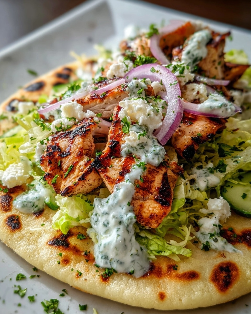 The dish shows one flat round piece of grilled flatbread as the base, lightly browned and spotted with char marks. On top is a layer of shredded crisp green lettuce, covered with a creamy white sauce filled with small green herbs and cucumber bits. On this sits several pieces of grilled chicken, golden brown with grill marks and a slightly charred texture. Scattered over the chicken are small white crumbles of cheese and thin rings of purple onion. The dish is garnished with finely chopped green herbs and served on a white plate with a white marbled texture background. Photo taken with an iphone --ar 4:5 --v 7