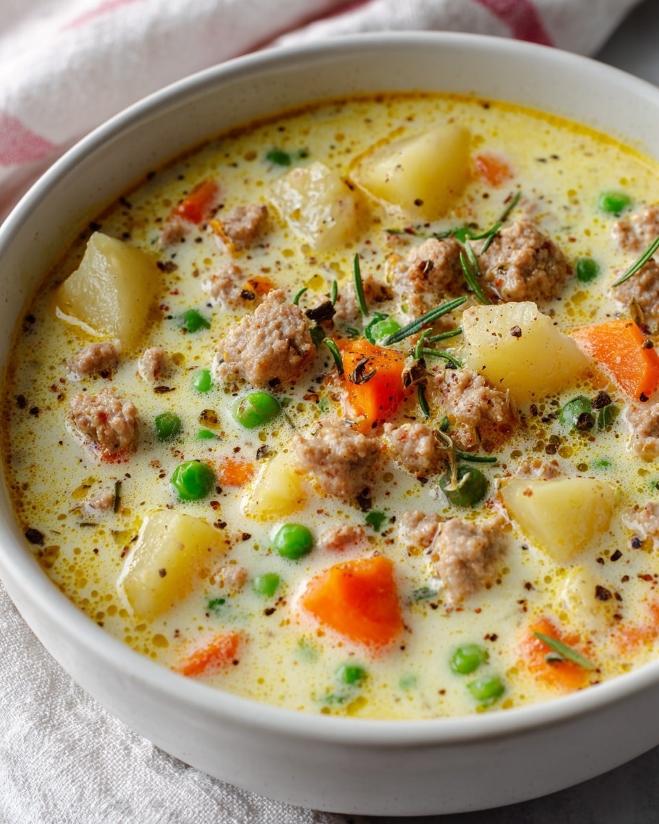 A close-up view of a white bowl filled with creamy soup that has a light yellow base with visible small bubbles and oil droplets on the surface; the soup contains chunks of light brown ground meat, small orange carrot cubes, bright green peas, and pale yellow potato pieces, with specks of black pepper and herbs spread evenly throughout. The bowl sits on a white marbled surface with a white cloth and a pink and white linen in the background. photo taken with an iphone --ar 4:5 --v 7