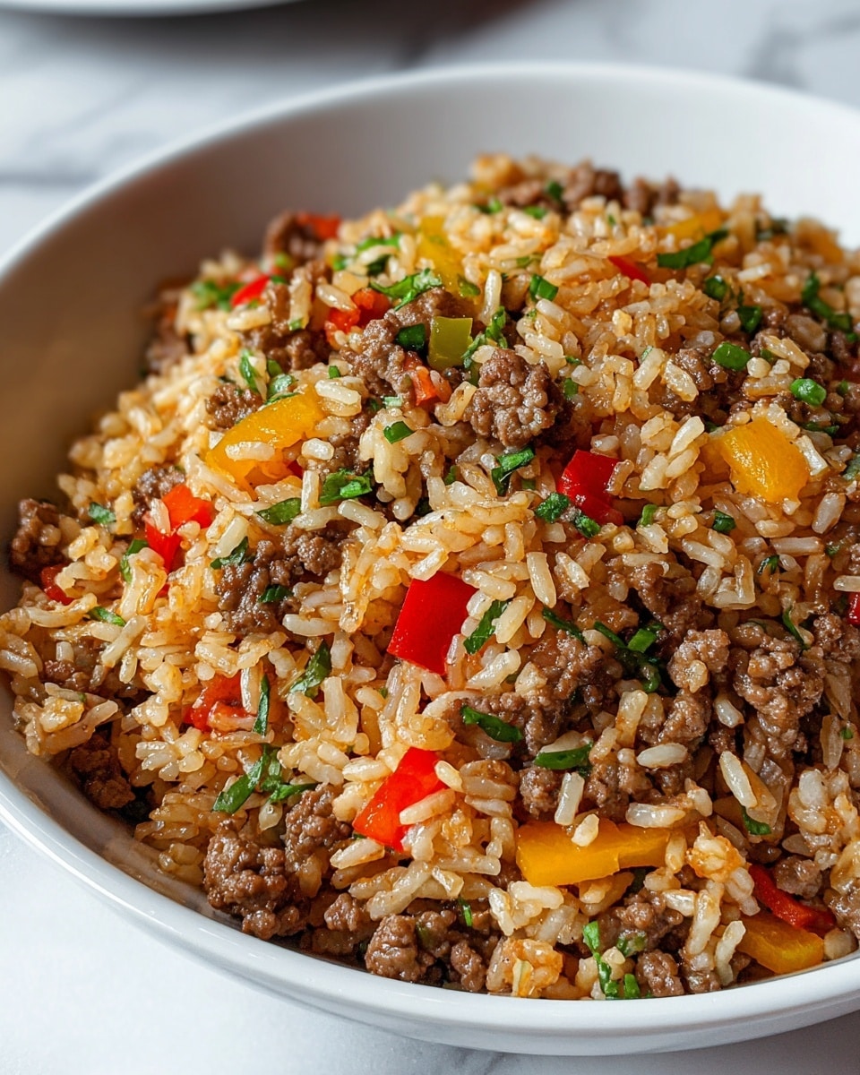 A close-up view of a white bowl filled with a mixture of cooked rice, small browned ground meat pieces, and diced vegetables including red, yellow, and green peppers, all mixed together with fresh green herb pieces sprinkled on top, sitting on a white marbled surface. The rice grains are fluffy and lightly coated with seasoning, giving a warm brownish color, while the vegetables add small pops of bright color throughout the dish. Photo taken with an iphone --ar 4:5 --v 7