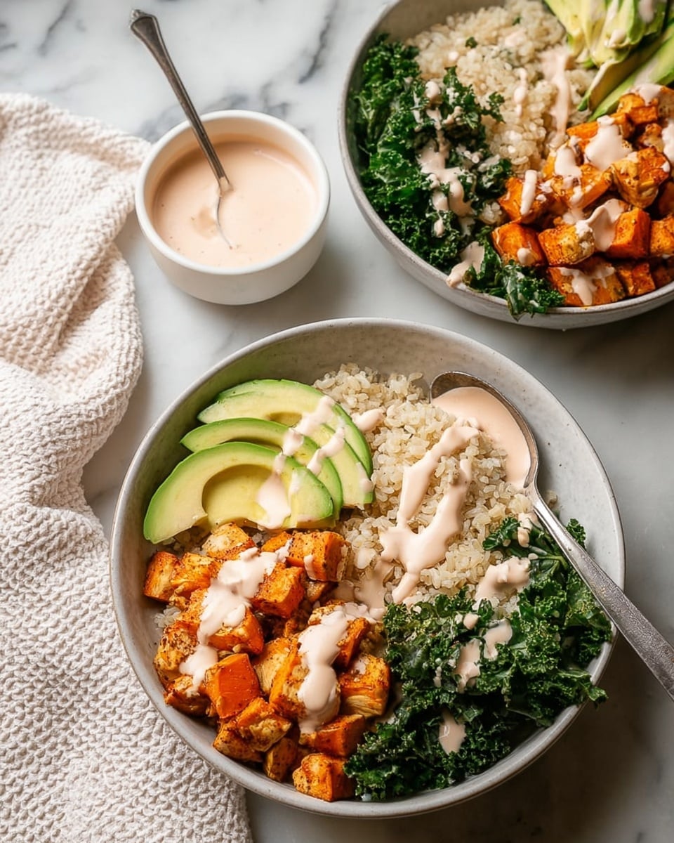 Two bowls sit on a white marbled surface, each filled with four distinct layers: on one side, vibrant orange chunks of seasoned roasted sweet potatoes, topped with a drizzle of creamy light pink sauce; next to them, dark green curly kale also drizzled with sauce; beside the kale, thin slices of light green avocado fanned out neatly; and finally a portion of light tan rice with sauce on top. A spoon rests in the front bowl, and a small white bowl with more pink sauce and a spoon is placed nearby. A textured white cloth is folded in the background. Photo taken with an iphone --ar 4:5 --v 7