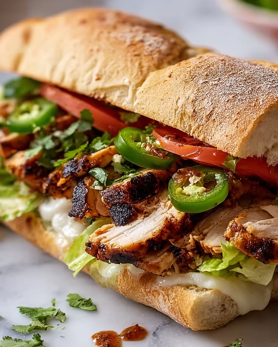 A close-up image of a sandwich filled with multiple layers, starting with a soft, light tan sandwich bread with a slightly crusty texture on top. Inside, the bottom layer includes melted white cheese, followed by a layer of green lettuce. On top of the lettuce, there are thick slices of grilled chicken breast with a charred, dark brown crust and juicy white meat inside. Above the chicken, slices of red tomato are visible, topped with fresh, chopped green cilantro and a few slices of green jalapeño peppers. Some sauce or dressing drizzles over the cilantro and peppers, adding a glossy texture. The sandwich is partially open, showing the inside ingredients clearly against a white marbled background. photo taken with an iphone --ar 4:5 --v 7
