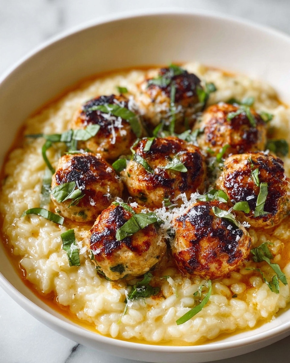 The image shows a dish with two main layers: the bottom layer is creamy, pale yellow risotto with a soft, slightly sticky texture spread evenly in a white bowl; the top layer consists of golden-brown meatballs that are round and slightly charred on the surface, placed close together covering the risotto almost completely. The meatballs have small green herb pieces inside them, and bright green basil leaves are scattered on top along with a light sprinkling of grated white cheese that melts slightly over the warm meatballs. The dish sits on a white marbled surface. Photo taken with an iphone --ar 4:5 --v 7