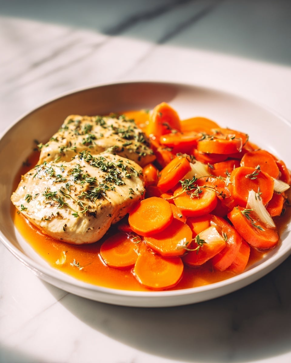 A white plate shows a close-up of cooked carrot slices, celery pieces, and chopped white onions in a shiny, thick orange sauce, positioned mostly on the right side. On the left side of the plate, there is a portion of creamy, light beige chicken topped with small green herb leaves. The plate is on a white marbled surface with soft lighting highlighting the natural colors and textures of the vegetables and chicken. Photo taken with an iphone --ar 4:5 --v 7
