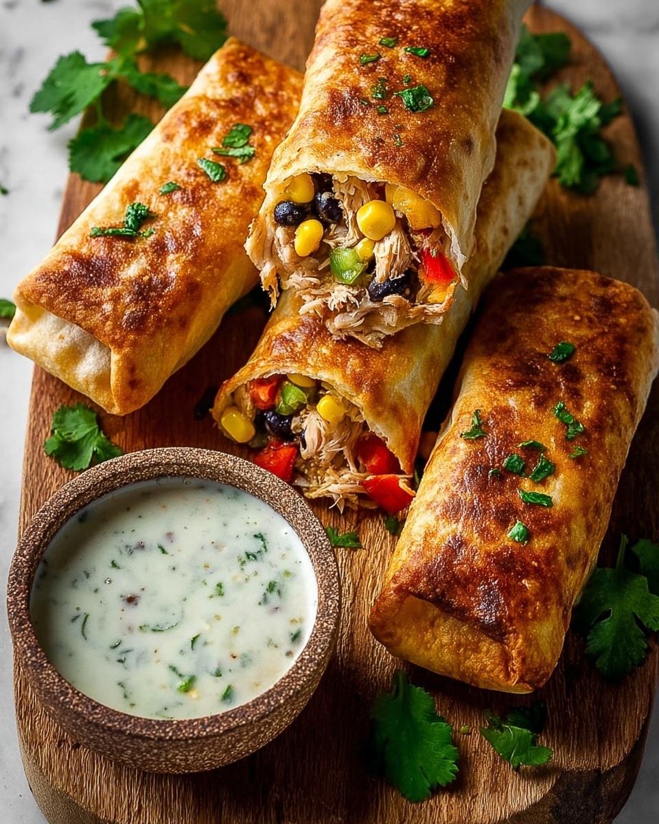 Three golden-brown, crispy burritos lie on a wooden board, each garnished with small green herb pieces on their toasted surfaces. One burrito is cut open, showing three visible layers inside: shredded light chicken on the bottom, a middle layer of bright yellow corn kernels and black beans, and a top layer of small red bell pepper pieces mixed with green herbs. Next to the burritos, a rough-textured brown bowl holds a creamy white sauce speckled with tiny green herbs. Green cilantro leaves are scattered around the board, all placed on a white marbled surface. photo taken with an iphone --ar 4:5 --v 7