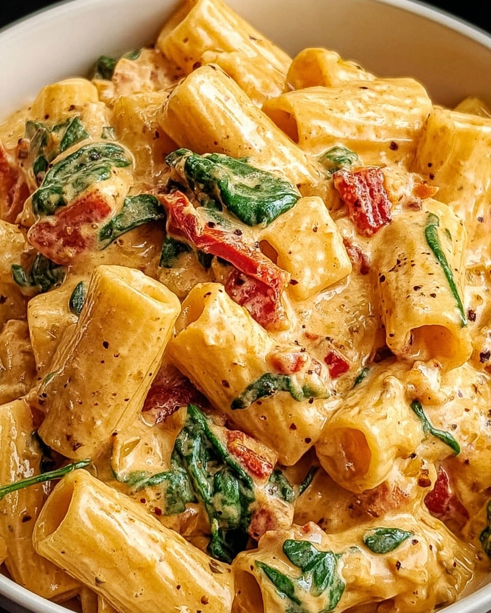 A close-up view of creamy rigatoni pasta in a white bowl, showing about one layer of rigatoni tubes coated in a thick, light orange sauce. Mixed within the pasta are small chunks of red bell peppers giving bright red pops, and fresh spinach leaves adding dark green contrast. The sauce has a smooth, rich texture with specks of pepper visible on the surface. The pasta and sauce fill the bowl, making the dish look rich and inviting. Photo taken with an iphone --ar 4:5 --v 7