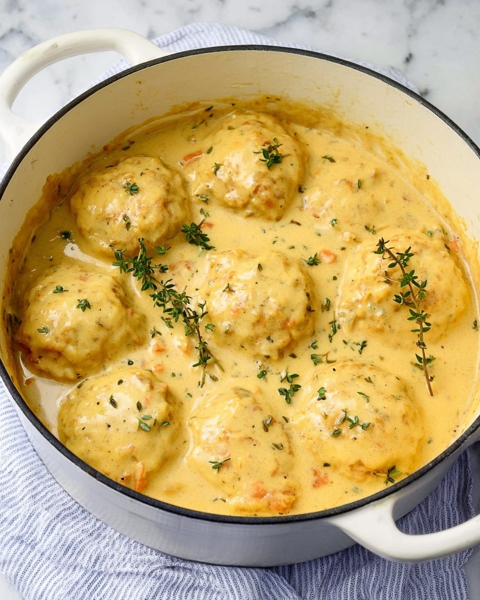 The image shows a white pot filled with a creamy, light yellow sauce and seven round dumplings or biscuits partially submerged in the sauce. The sauce has small bits of vegetables and herbs mixed in, giving it a textured look. Small green sprigs of thyme are placed on top of the dumplings and scattered around the sauce. The pot is placed on a white marbled surface with a soft blue and white striped cloth below the handle. The overall dish looks warm, thick, and inviting with a smooth and rich texture. photo taken with an iphone --ar 4:5 --v 7