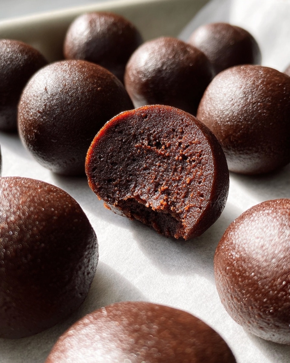 The image shows several round dark brown chocolate cake balls arranged on a white tray lined with light parchment paper. The cake balls have a smooth, slightly shiny surface with a soft texture. One cake ball in the center has a small bite taken out, revealing a dense, moist, textured, dark chocolate inside. The white marbled background adds a clean contrast, making the rich color of the cake balls stand out. Photo taken with an iphone --ar 4:5 --v 7