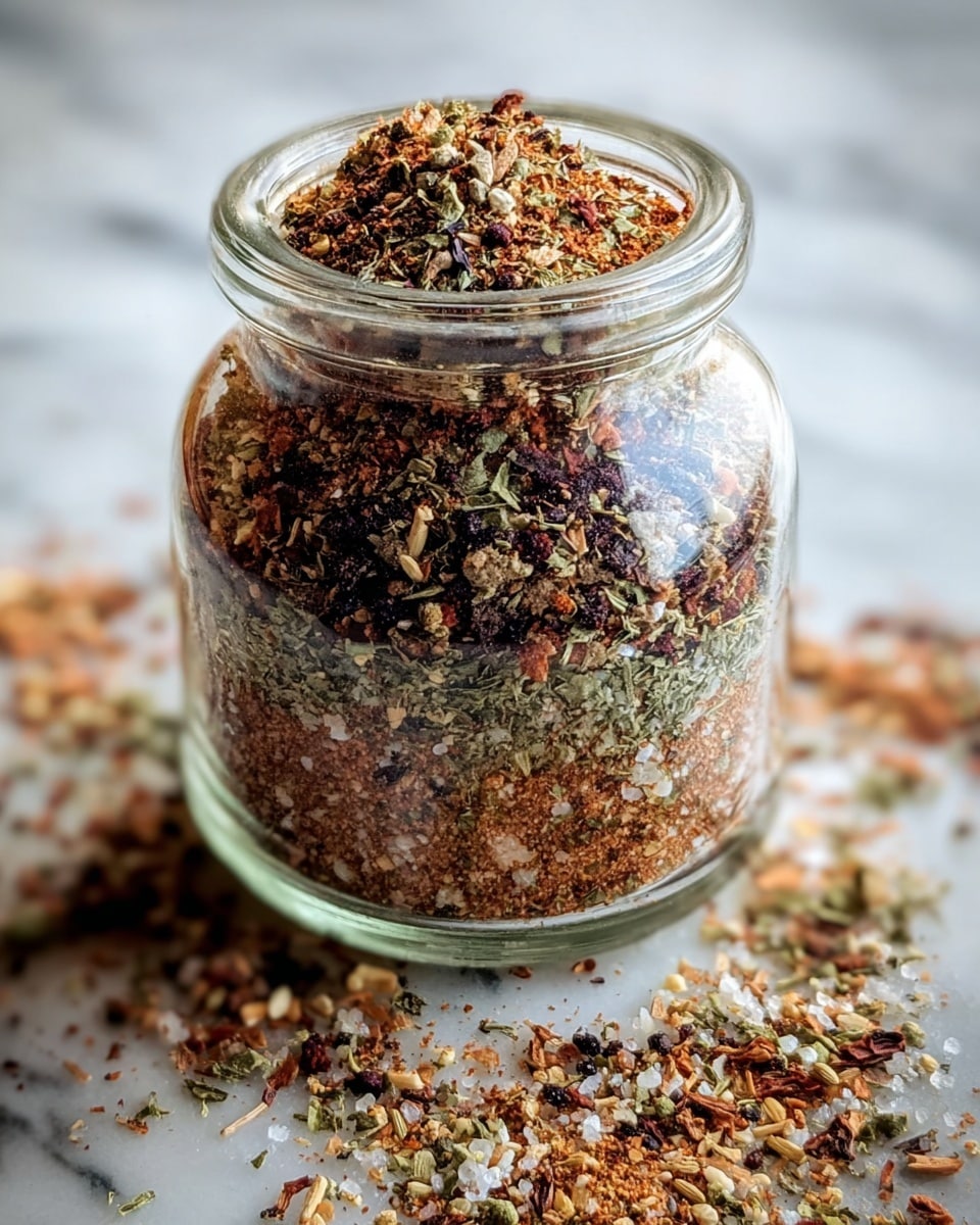 A clear glass jar filled with a colorful dry spice mix showing several layers of small ingredients, including dark brown bits, red powder, light green herbs, and white salt flakes, all mixed together with visible textures of coarse and fine particles. The jar is open, with spice bits scattered around its base, and the background is a white marbled texture that softly blurs behind it. photo taken with an iphone --ar 4:5 --v 7