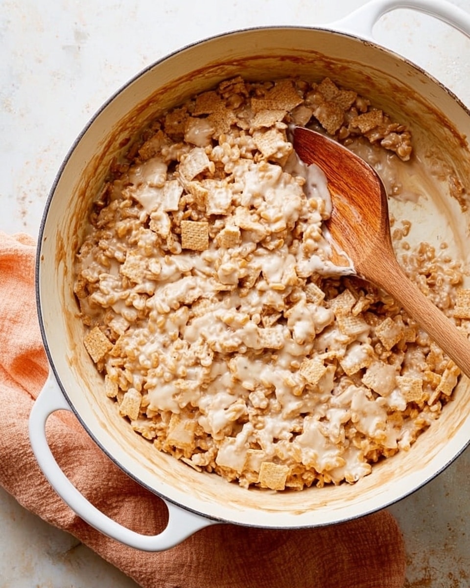 A white pot filled with a mixture of light brown cereal squares and puffed rice coated in a sticky, creamy, beige-colored sauce with a wooden spatula resting in the pot. The inside of the pot shows some sauce residue while the pot sits on a white marbled surface with a peach cloth partially visible. photo taken with an iphone --ar 4:5 --v 7