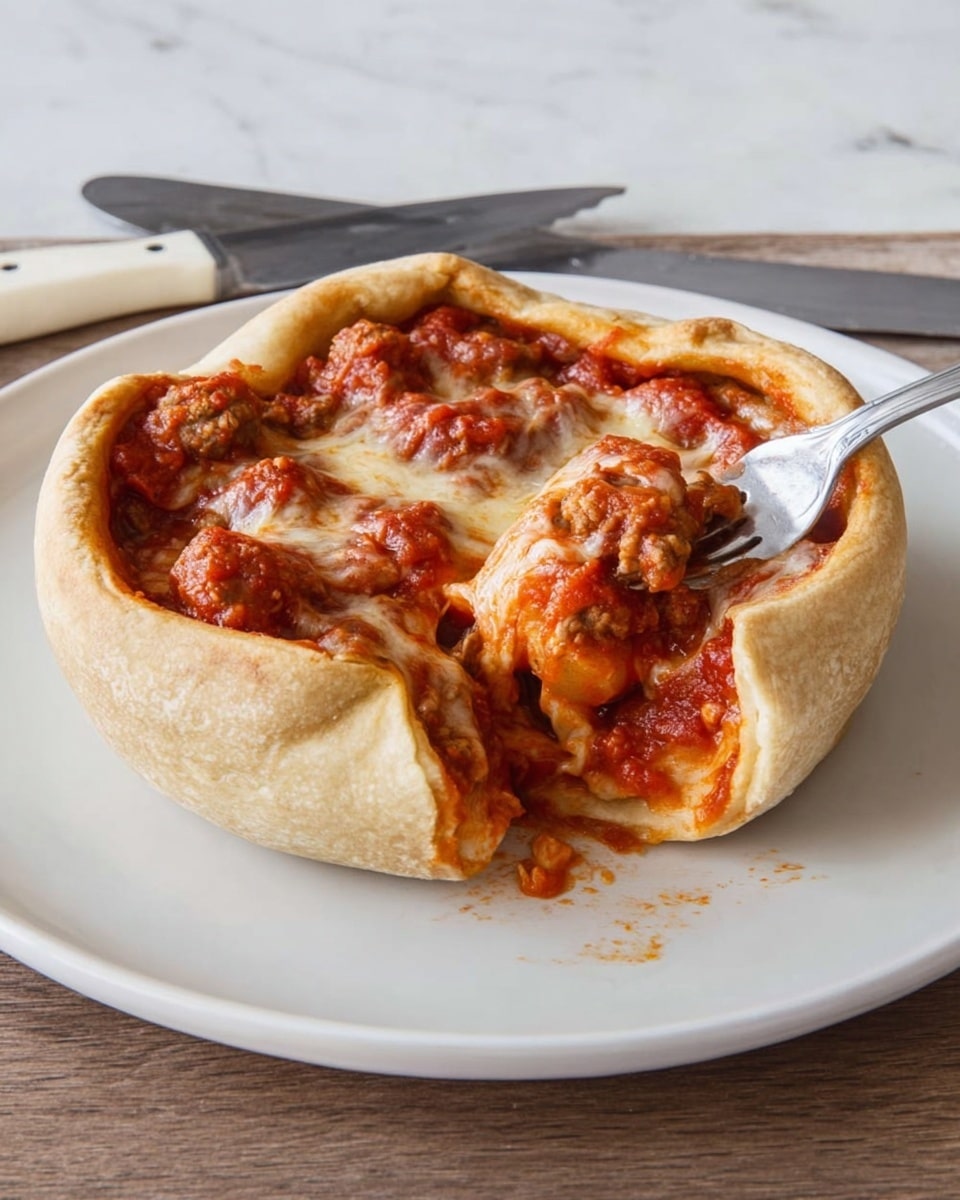 The image shows a thick round dough crust bowl on a white plate, filled with layers of chunky tomato sauce with meat pieces, and topped with melted, golden-brown cheese. The dough bowl has a light tan color and looks soft and thick, slightly folded over the filling. A silver fork is pulling some of the saucy filling out from the crust on the right side. On the left side of the plate, there is a knife with a white wooden handle resting beside the dough bowl. The whole setup is on a white marbled surface. photo taken with an iphone --ar 4:5 --v 7