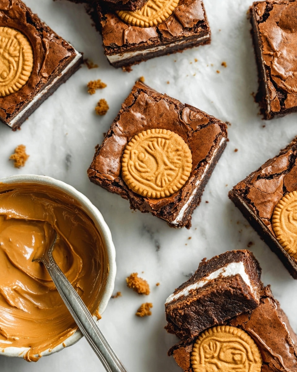 The image shows several square brownie pieces placed on a white marbled surface. Each piece features a dark brown chocolate layer mixed with light brown and white swirls, creating a marbled effect. On top of the brownies are broken cookie pieces with a warm golden brown color and a crumbly texture, some showing a pattern that looks like a segment of a circle. The close-up view highlights the moist and dense texture of the brownies with the cookies embedded on the top layer. Two brownie pieces are stacked slightly off-center in the middle, showing the thickness and layers better. Photo taken with an iphone --ar 4:5 --v 7