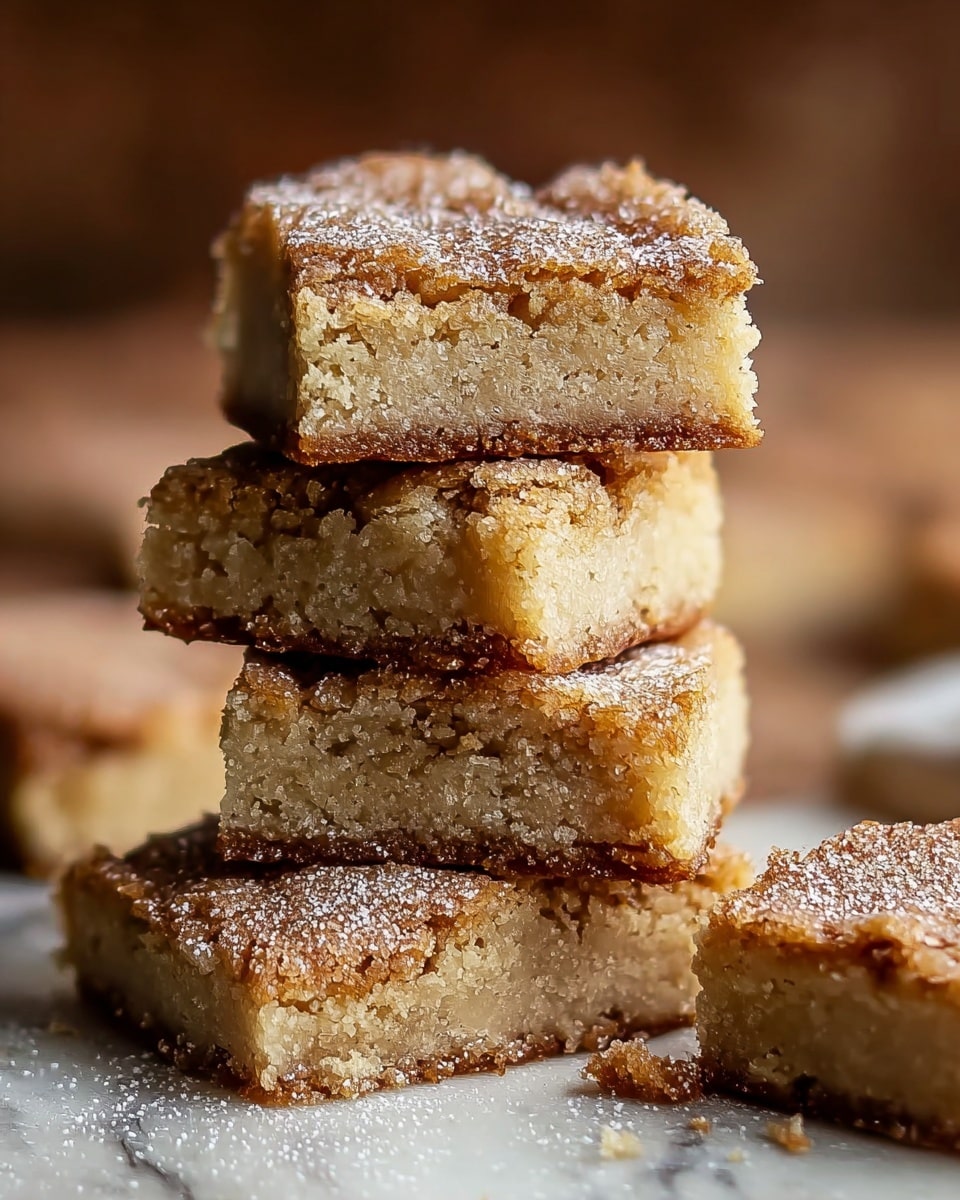 A stack of five blondie squares sits on a white marbled surface dusted lightly with powdered sugar. The blondies have a golden brown, slightly crisp top layer with a sugar coating that sparkles softly. The inside layers show a moist, dense, and crumbly texture in a light beige color. The pieces are stacked unevenly, with two blondies at the bottom, two in the middle, and one on top, showing the thickness and chewy consistency of each slice. The background is blurred with warm tones, highlighting the texture and color of the blondies. Photo taken with an iphone --ar 4:5 --v 7