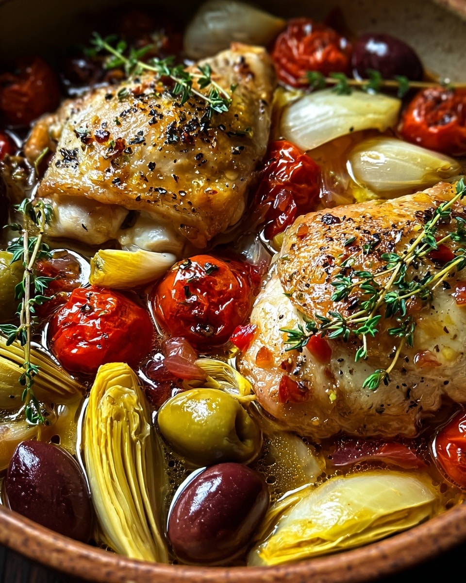 The image shows a cooked dish with two pieces of golden-brown chicken on top. The chicken pieces have a slightly crispy texture and are seasoned with black pepper and herbs, topped with fresh green thyme sprigs and small bits of roasted onion and red pepper. Surrounding the chicken are colorful layers of vegetables, including bright yellow artichoke halves, shiny red cherry tomatoes, and a mix of olives in dark purple, green, and brown tones. The dish is served in a round ceramic pan, with a shiny, oily broth around the ingredients that enhances their rich colors. photo taken with an iphone --ar 4:5 --v 7