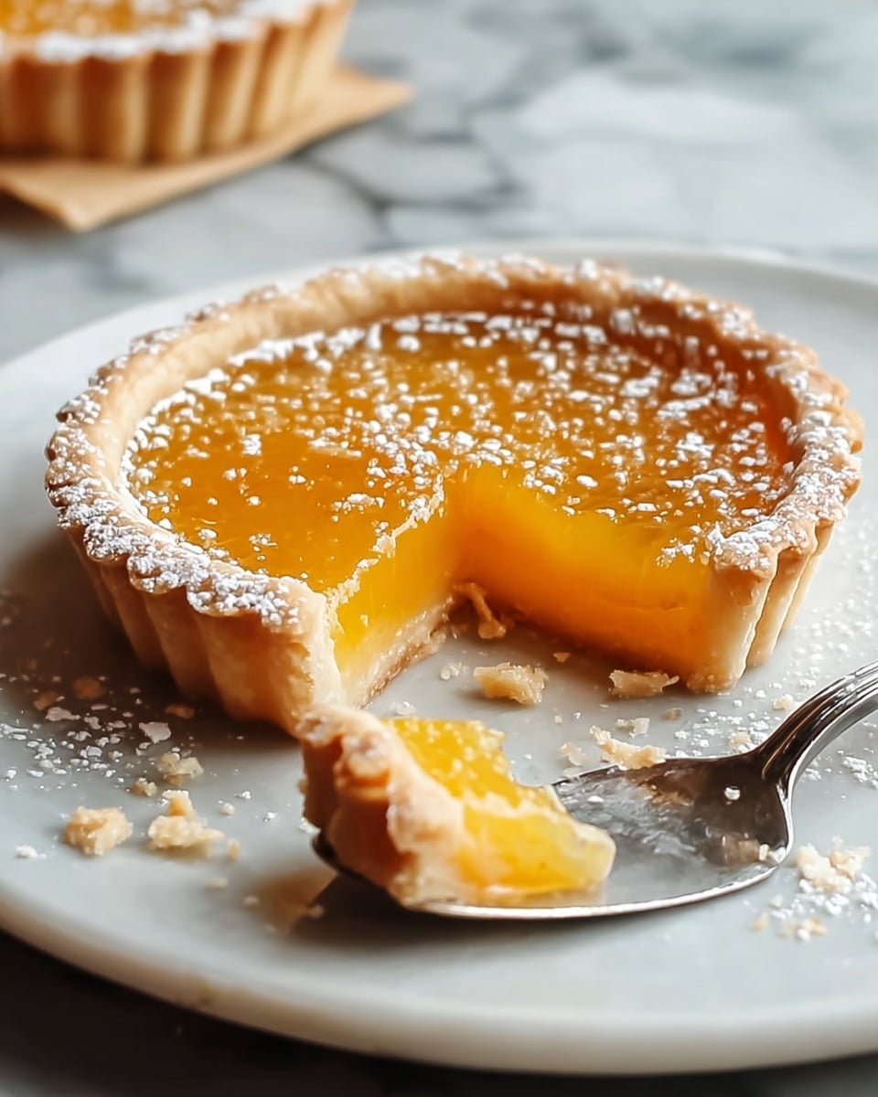 A small tart sits on a white plate with a flaky, golden crust that is thick and has a slightly uneven edge. Inside, there is a glossy, bright orange filling that looks smooth and jelly-like, about one layer thick and held neatly within the crust. The top of the filling is sprinkled lightly with white powdered sugar that creates a soft texture contrast. A small piece of crust with filling is broken off and sits near the tart on a silver spatula resting on the plate. The whole scene is set on a white marbled surface with some crumbs scattered around. Photo taken with an iphone --ar 4:5 --v 7