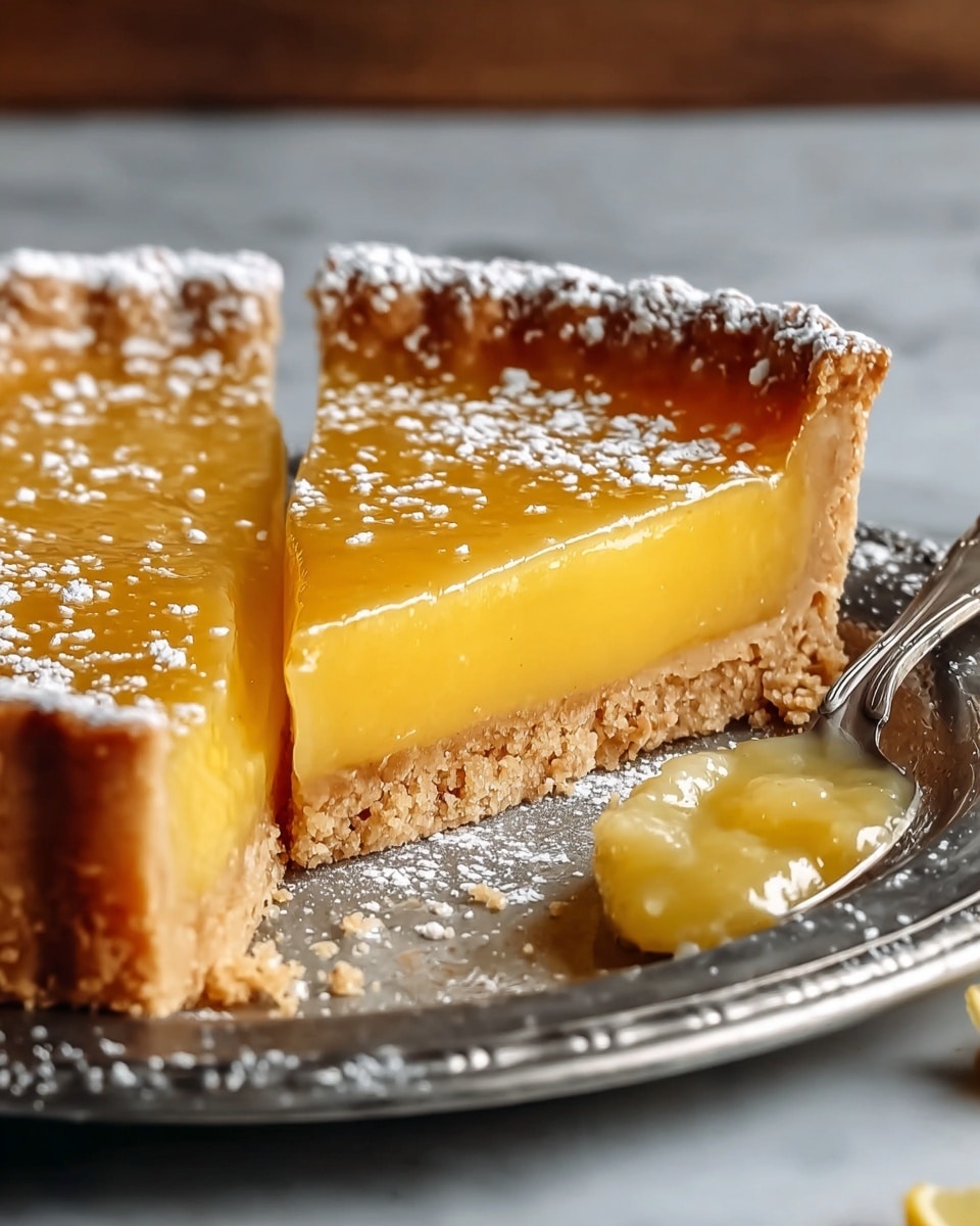 A close-up of a lemon tart showing three layers: a thick, golden brown crust with a rough, crumbly texture on the bottom and edges, a smooth, yellow lemon filling in the middle, and a shiny, slightly translucent yellow glaze on top, sprinkled lightly with white powdered sugar. The tart is on a silver plate on a white marbled surface, with some crumbs and a small piece of lemon tart in the foreground. A spoon with some lemon filling is next to the tart on the plate. Photo taken with an iphone --ar 4:5 --v 7