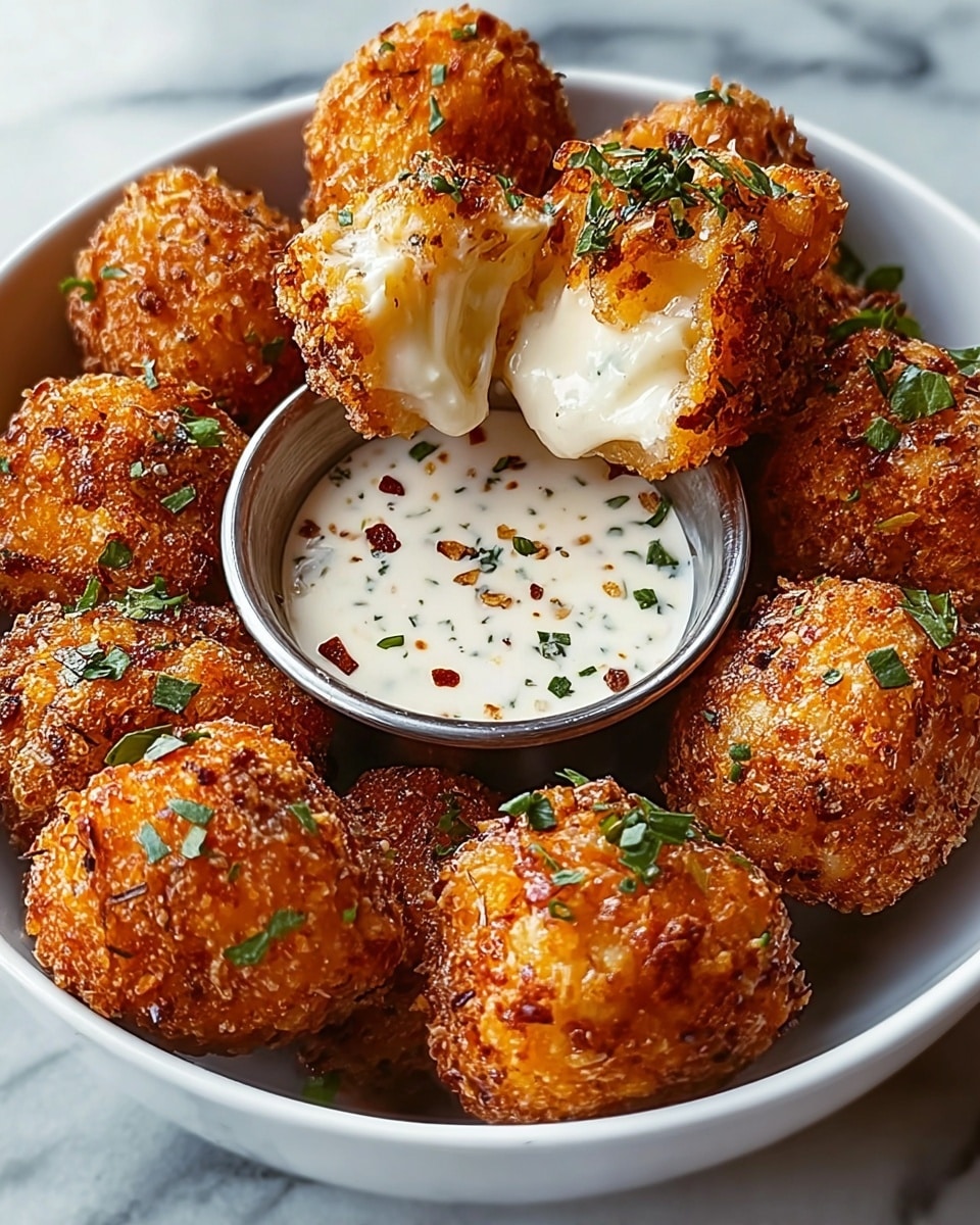 A white bowl filled with golden, crispy fried cheese balls, each ball showing a rough texture from the crunchy coating and small bits of green herbs sprinkled on top. One cheese ball is cut open, revealing a soft, creamy, white cheese center. In the middle of the bowl is a small metal cup filled with a creamy white dipping sauce speckled with bits of herbs and red spices. The bowl sits on a white marbled surface. photo taken with an iphone --ar 4:5 --v 7