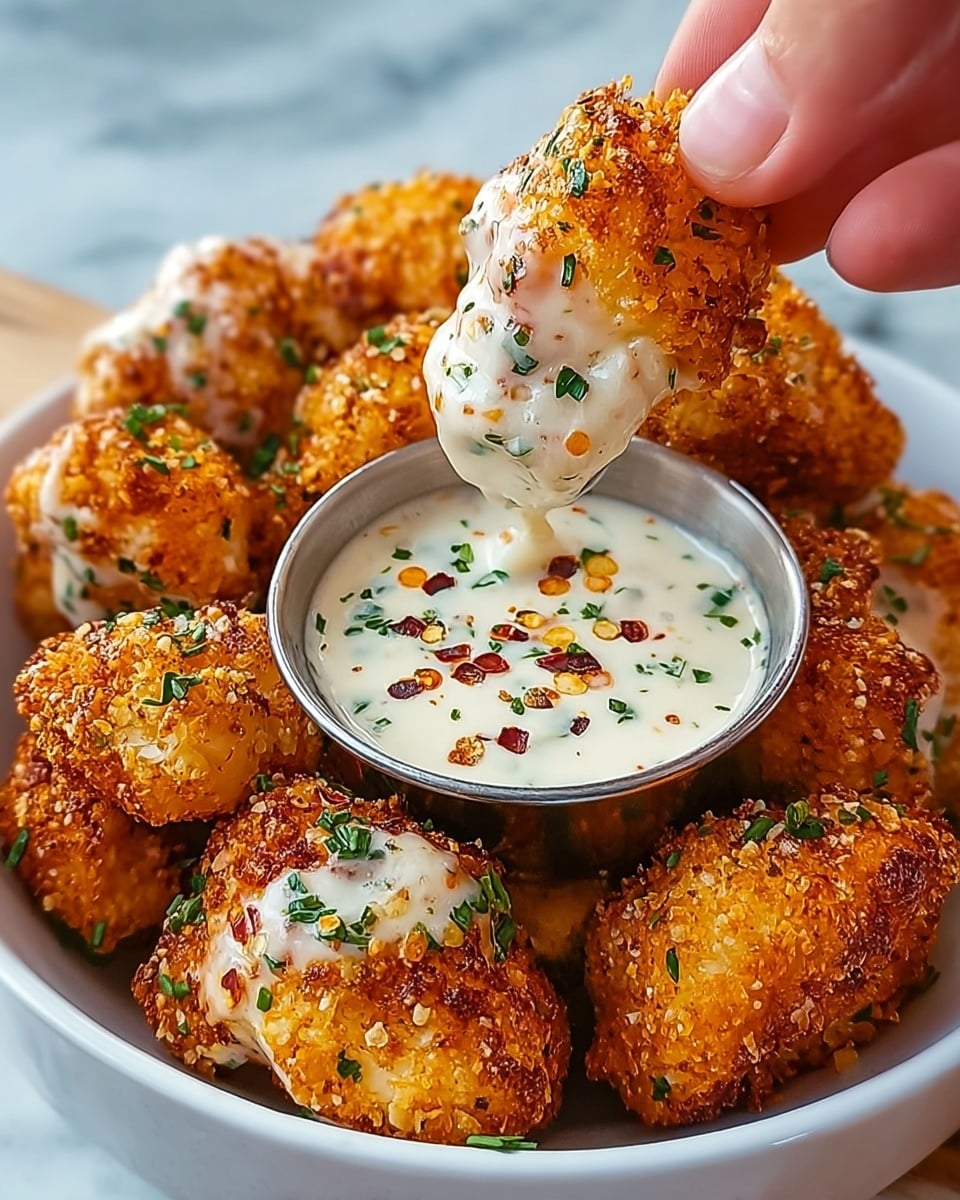 A white bowl filled with crispy, golden brown fried cauliflower pieces coated with a creamy white sauce and sprinkled with small green herb bits. A small metal container of white dipping sauce with red chili flakes and green herbs sits inside the bowl, surrounded by the cauliflower. One piece is being dipped into the sauce by a woman's hand, showing the thick texture of the sauce clinging to the cauliflower. The bowl is placed on a soft focused white marbled surface. photo taken with an iphone --ar 4:5 --v 7
