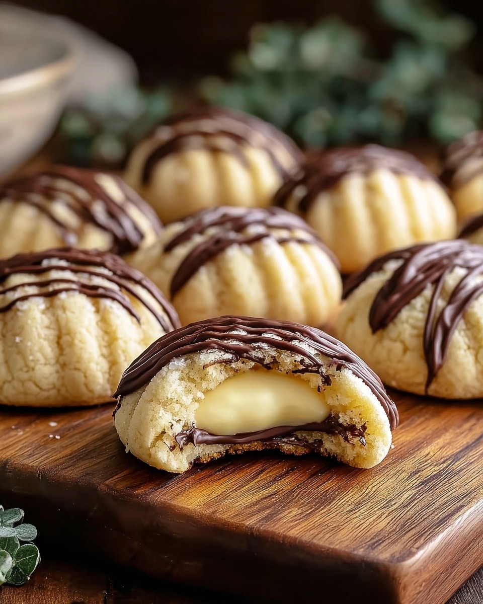 The image shows a close-up of soft, round cookies arranged in two diagonal rows on a wooden board. Each cookie has a pale, crumbly outer layer with ridged patterns and is generously drizzled with dark chocolate lines on top. The front cookie has a bite taken out, revealing a smooth, light cream filling inside, bordered by a thin layer of chocolate just under the outer dough. The setting has a warm tone with blurred greenery in the back. photo taken with an iphone --ar 4:5 --v 7