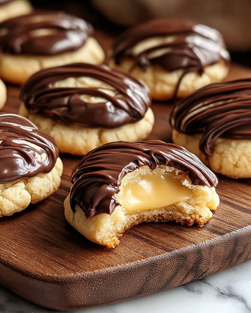 Round cookies arranged closely on a dark wooden board, each cookie showing two layers: a light golden, slightly crumbly base with soft texture, and a smooth, dark brown chocolate drizzle thickly covering the top in organic, uneven swirls. One cookie in the front has a bite taken out, revealing a shiny, creamy pale yellow filling inside. The setting is a white marbled surface with warm, natural light highlighting the glossy chocolate and smooth filling. Photo taken with an iphone --ar 4:5 --v 7