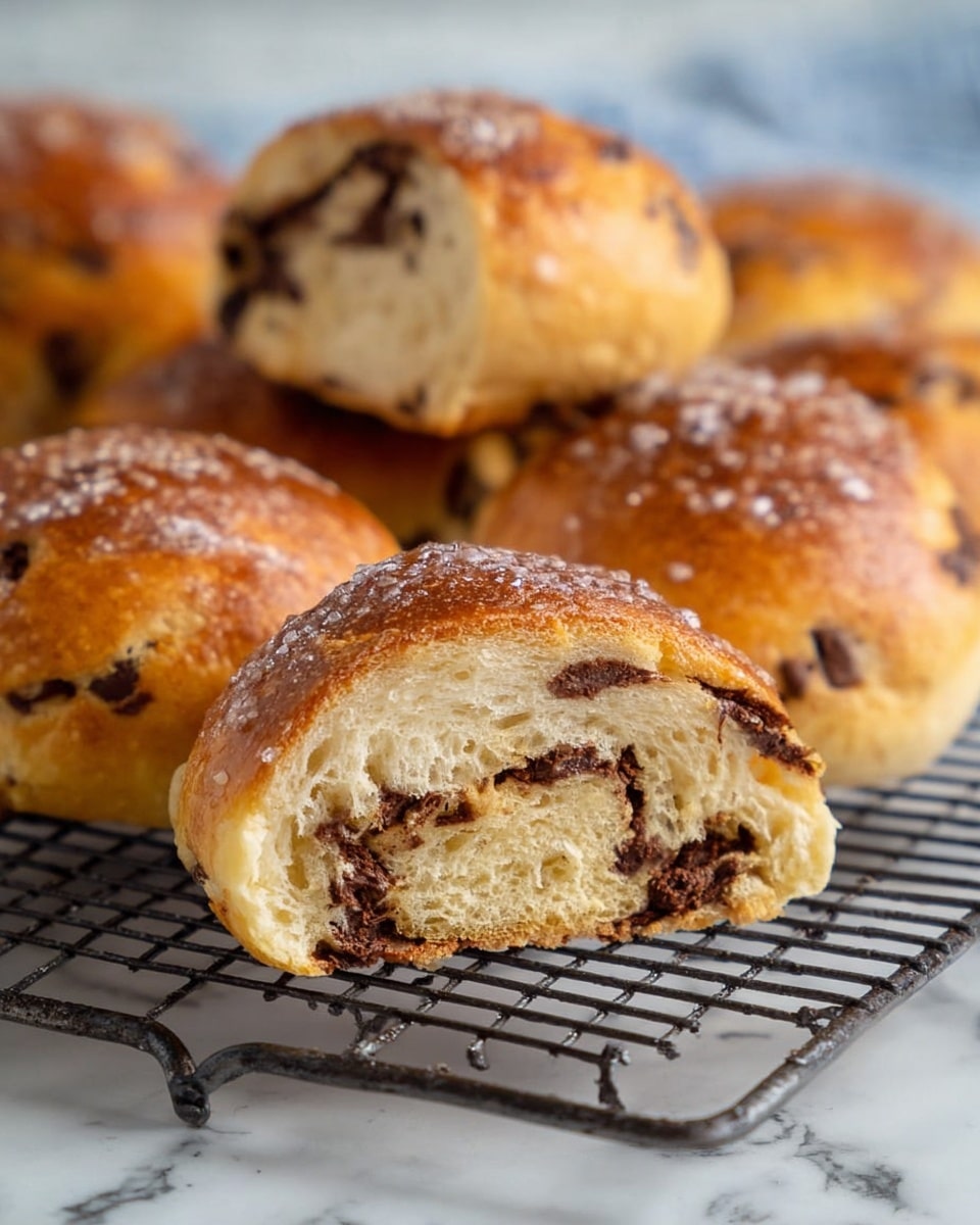 The image shows several round, golden-brown chocolate chip buns cooling on a black metal rack. One bun is broken open and placed at the front, revealing a soft, light beige inside with melted dark chocolate swirled throughout. The tops of the buns have a slightly rough texture with sparkling sugar crystals, and the background is a white marbled texture. Photo taken with an iphone --ar 4:5 --v 7